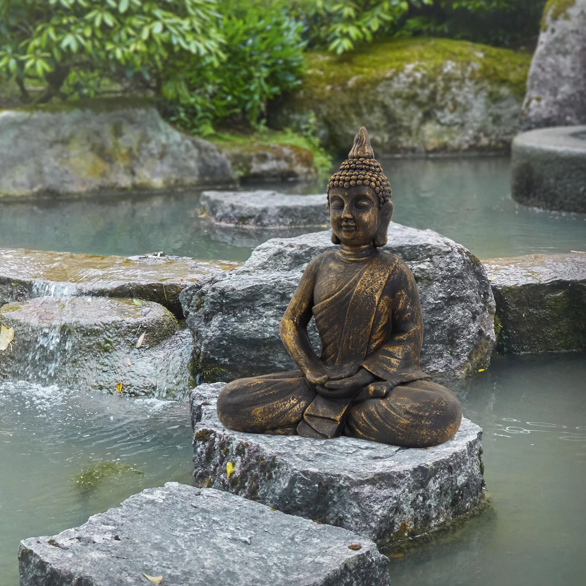 ECD Germany Statue de Bouddha Assise 50 cm Pierre Artificielle Polyrésine Aspect Bronze Sculpture Décoration Jardin Feng Shui Yoga