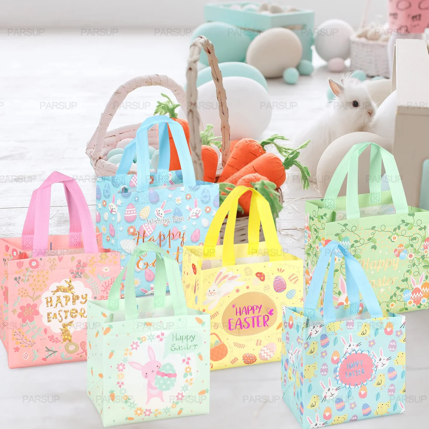 Sacs de Pâques non tissés avec poignées pour chasse aux œufs et emballage de cadeaux 21×20×15cm lot de 6
