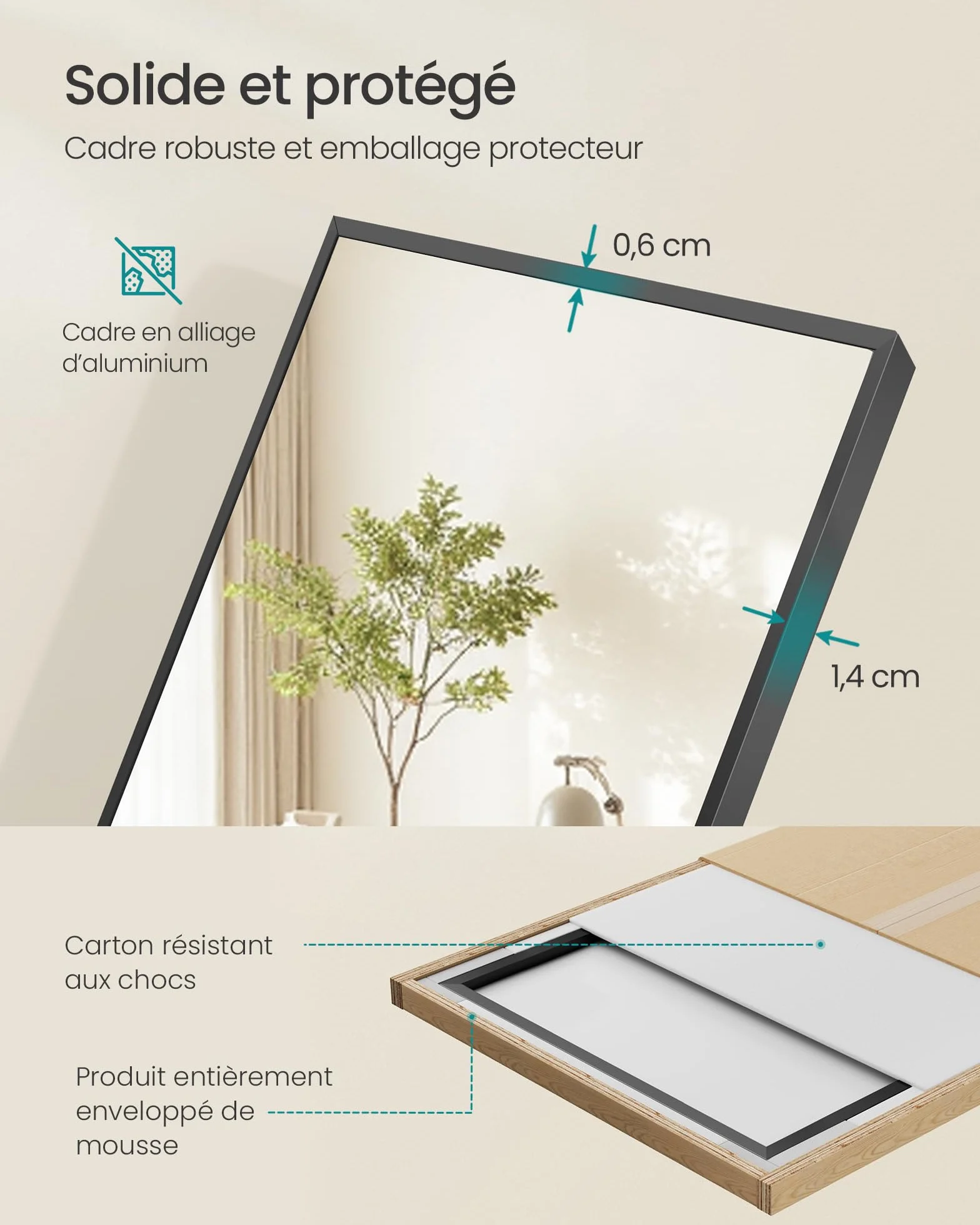 SONGMICS Miroir Intégral, Miroir Rectangulaire sur Pied, à Poser au Sol, Cadre en Alliage d’Aluminium, Verre Trempé, pour Chambre, Salon, Dressing, Coins Droits, 160 x 50 cm, Noir d'encre LFM050BD01