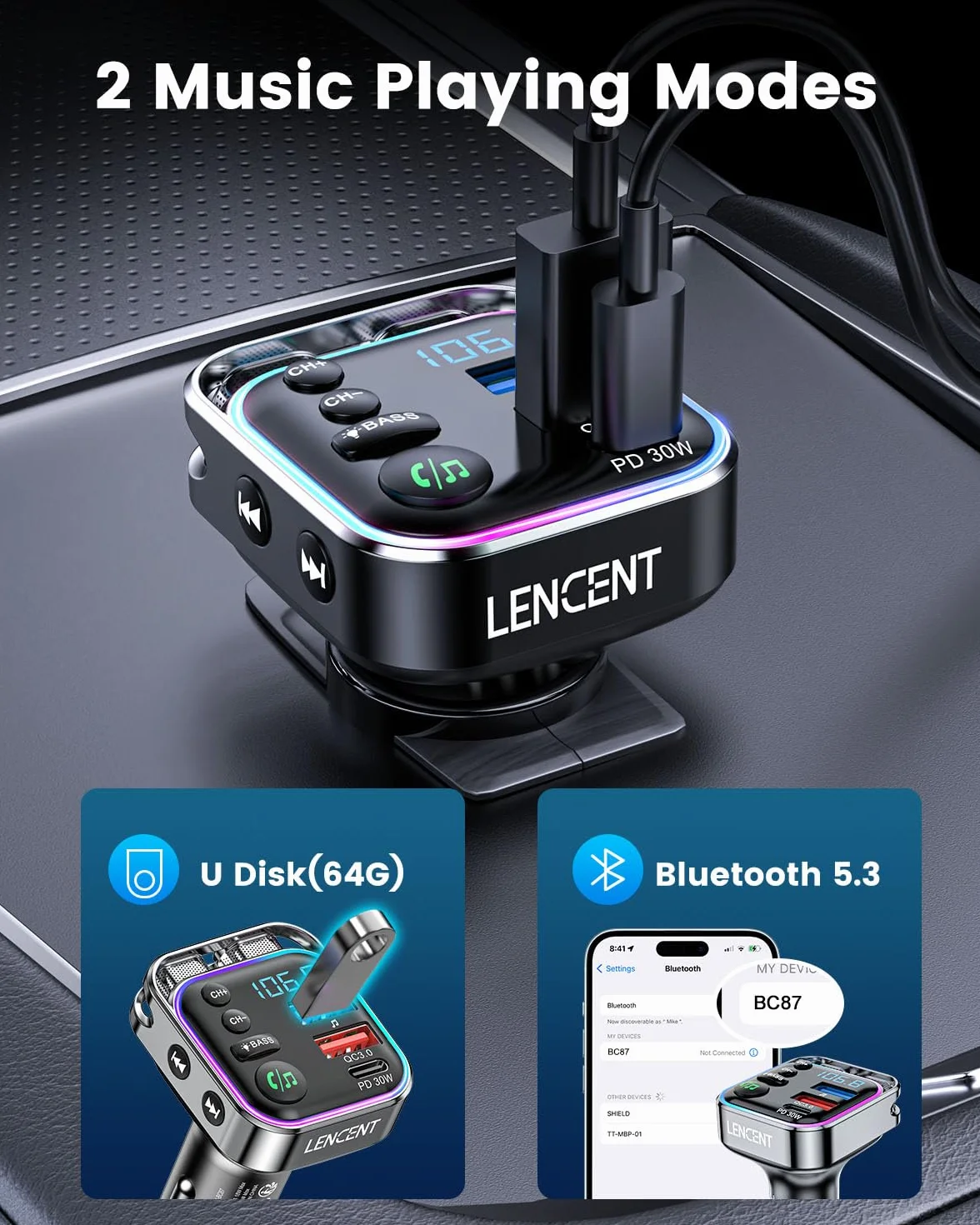 Lencent Bluetooth 5.3 nadajnik FM 48 W (PD30W i QC18W) szybka ładowarka, włącznik światła, dźwięk Hi-Fi bas, odtwarzacz muzyki, obsługa