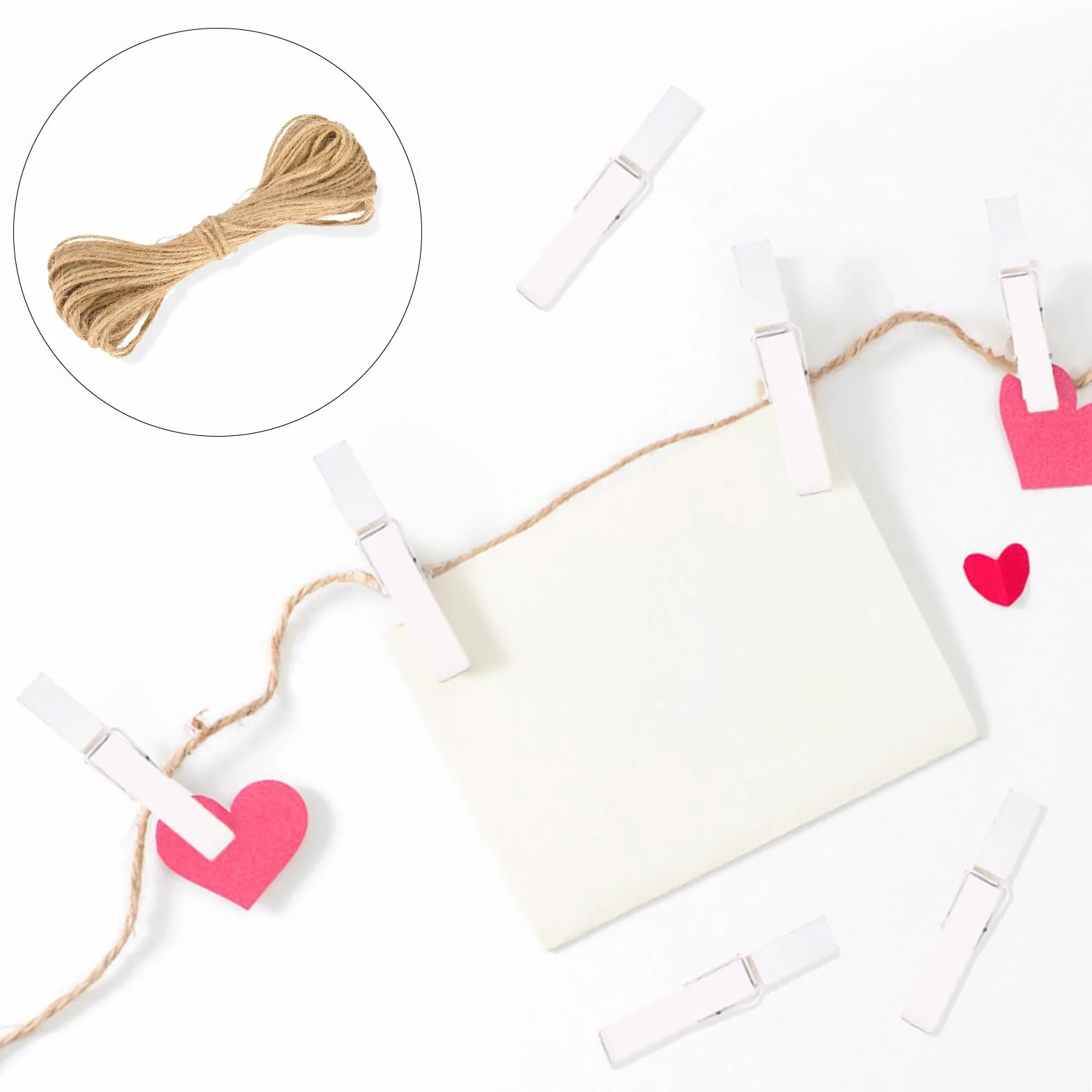 Lot de 50 pinces à linge en bois blanc 7 cm avec ficelle jute 10 m - Décoration mariage Noël travaux manuels