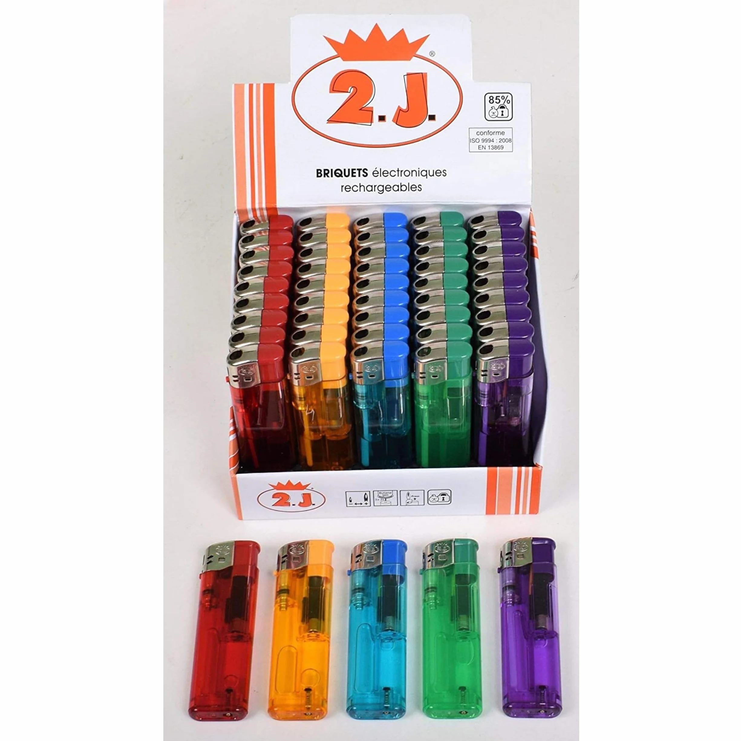 Lot de 50 Briquets Jetables Électroniques Slim à Gaz Translucides Assortiment 5 Couleurs