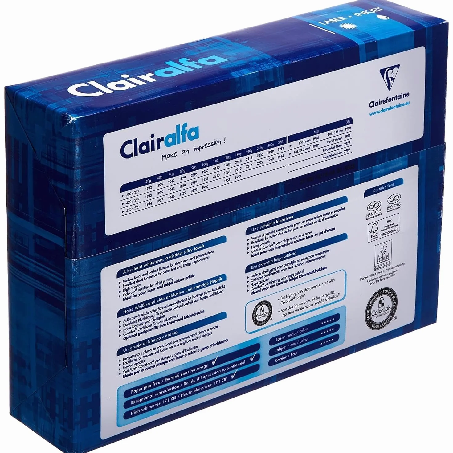 CLAIRALFA Lot de 4 Ramettes 250 Feuilles Papier 210g A4 210x297 mm Certifié FSC Blanc