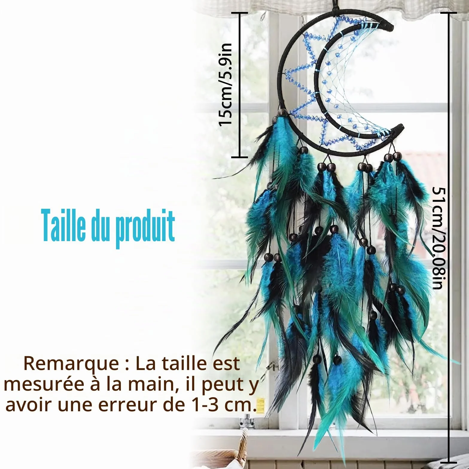 Attrape-rêves en Forme de Lune Bleue, Décoration Murale Indienne Handmade, Cadeau Festival