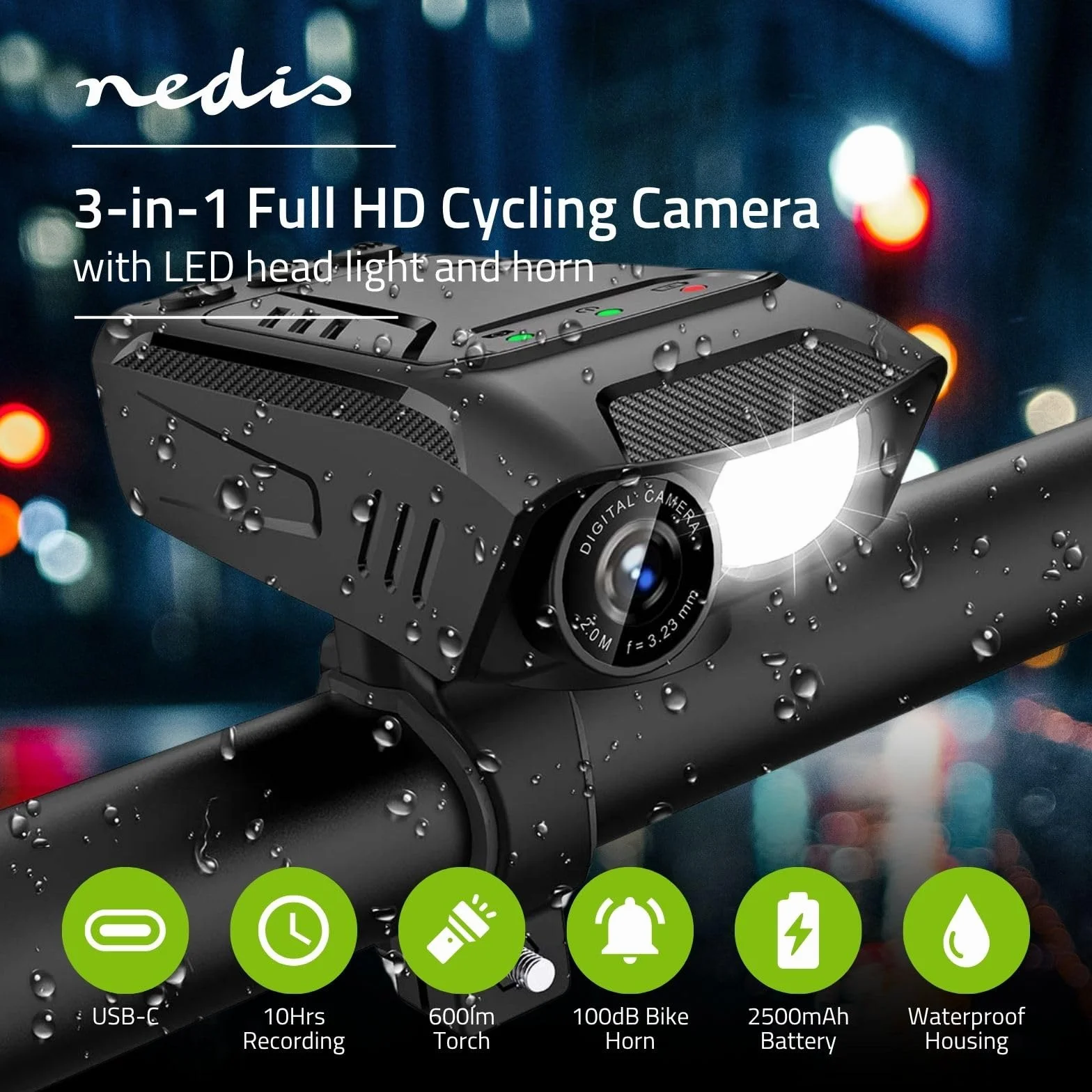 Nedis Kamera rowerowa - 1080p @ 30fps - 2 MPixel - 600 min - 70° - 600 min - w zestawie uchwyt - czarny