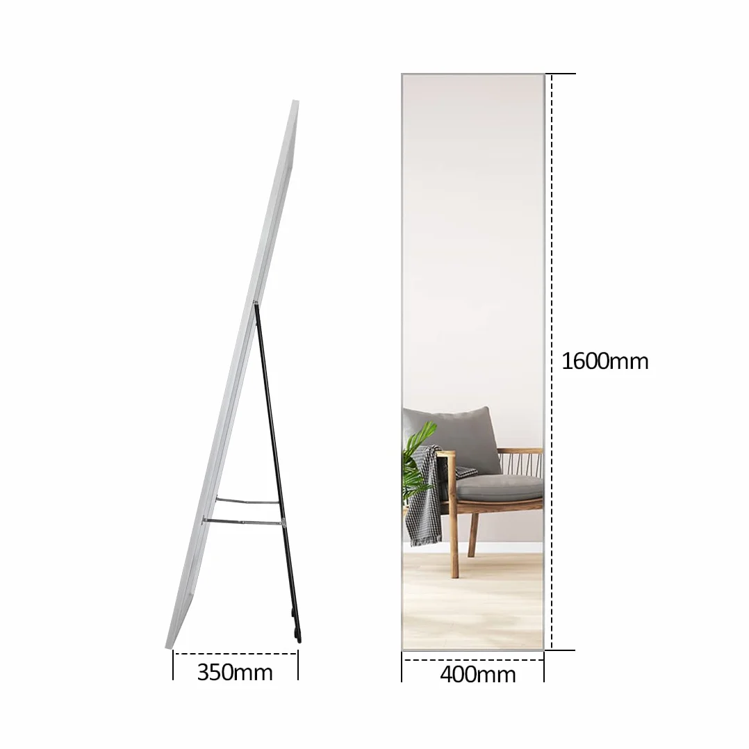 Miroir Pleine Longueur Argent sur Pied 160x40cm Cadre en métal argenté HD Grand Miroir