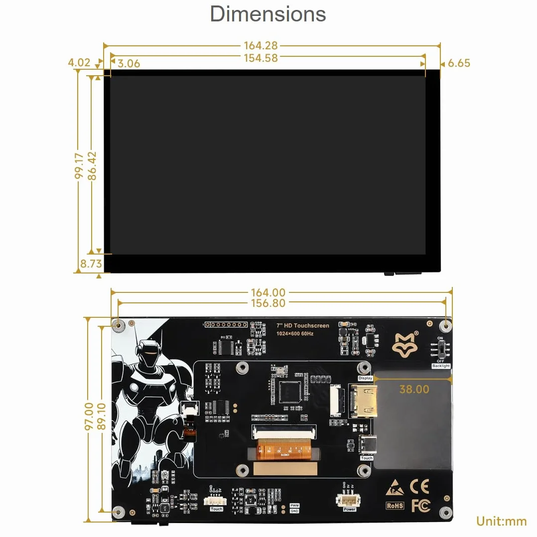 LUCKFOX przenośny ekran dotykowy 7" 1024 x 600 IPS monitor LCD, drugi 5-punktowy ekran dotykowy Plug and Play