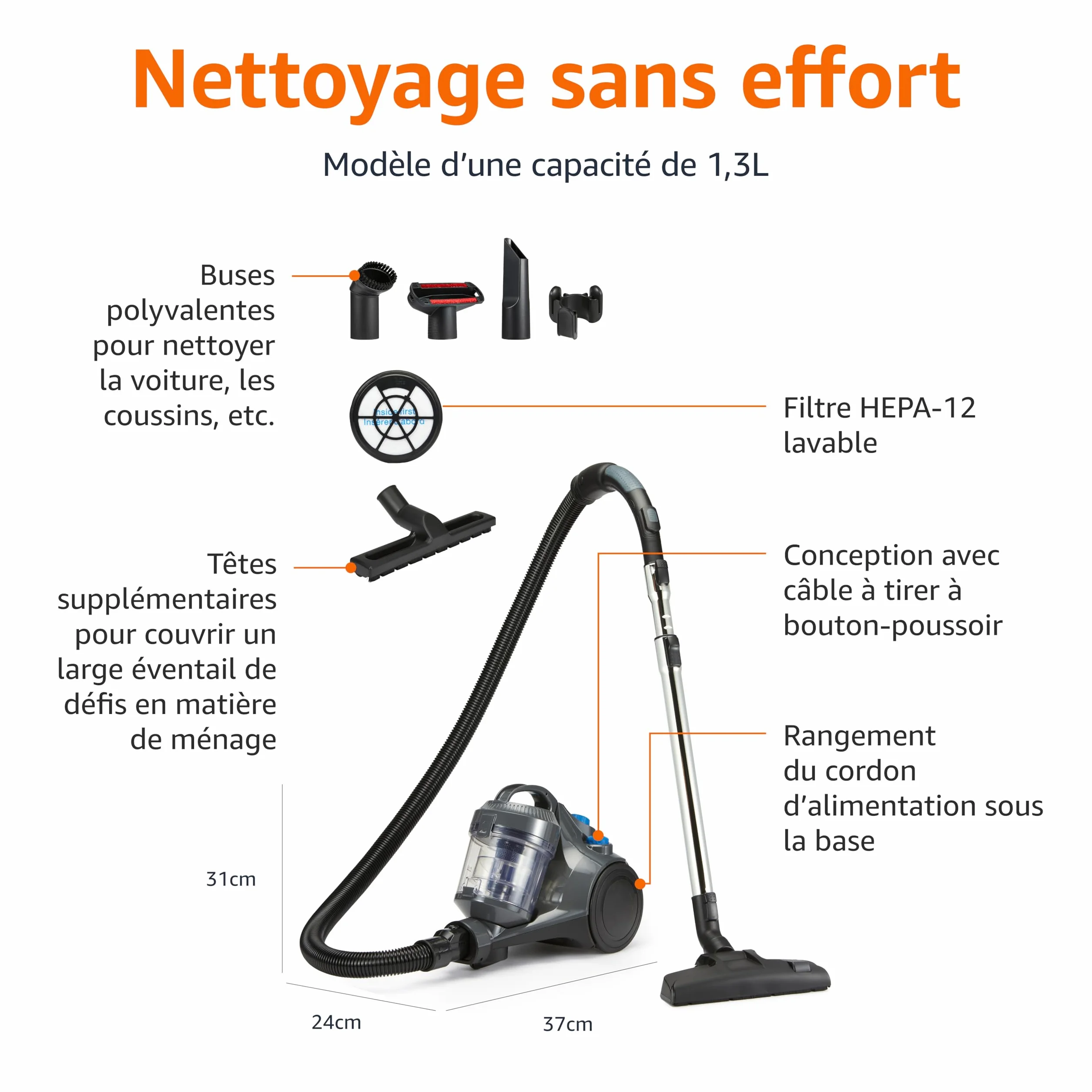 Amazon Basics Aspirateur Traineau sans Sac 850W 1.3L Compact Ultra-Léger Filtro HEPA Brosse Triple Action Gris