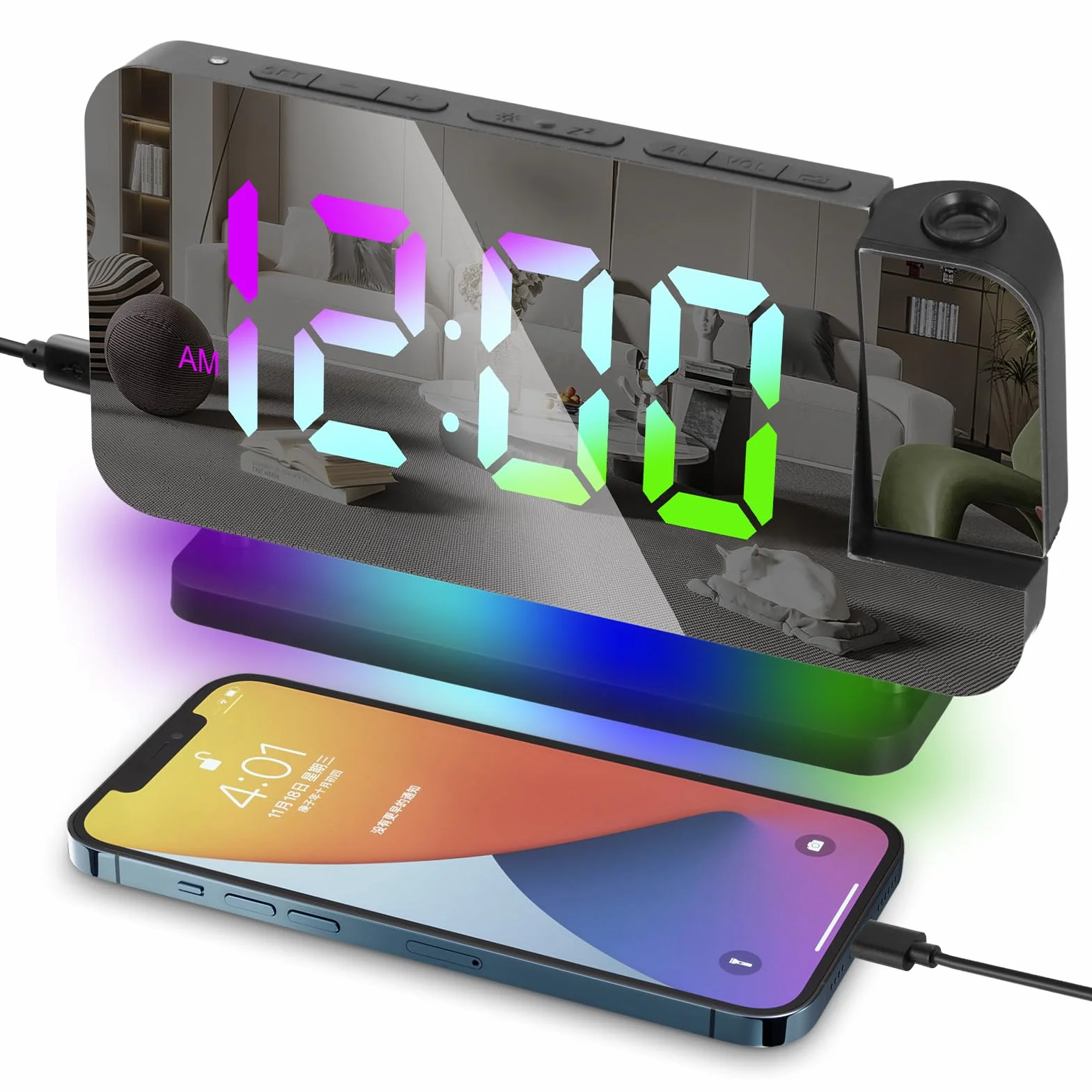 Réveil à Projection avec Projecteur Rotatif 180°, Affichage LED 11 Couleurs, Luminosité Réglable, Snooze