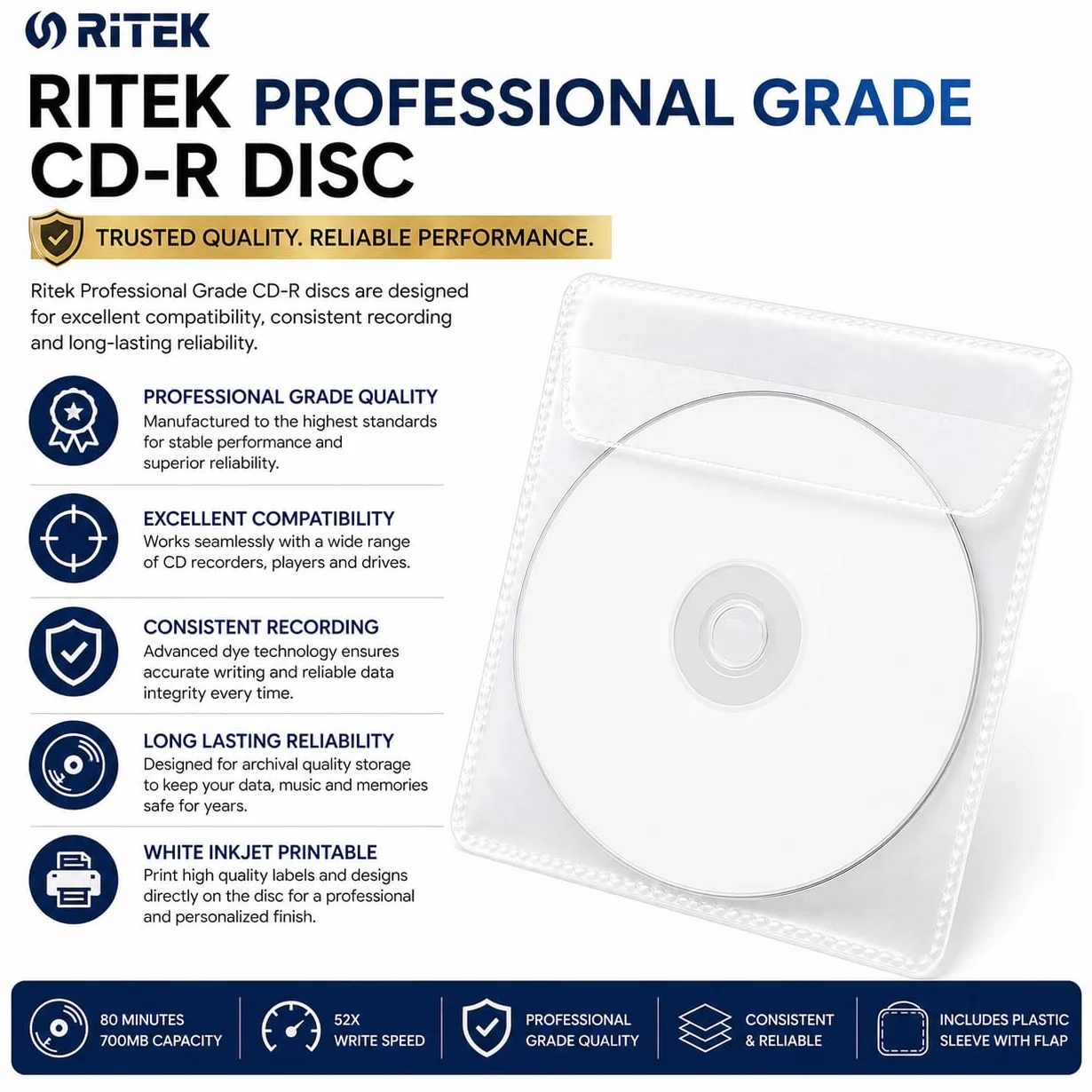 Ritek Lot de 10 CD-R Vierges imprimables 52x Jet d'encre Pochettes Plastique