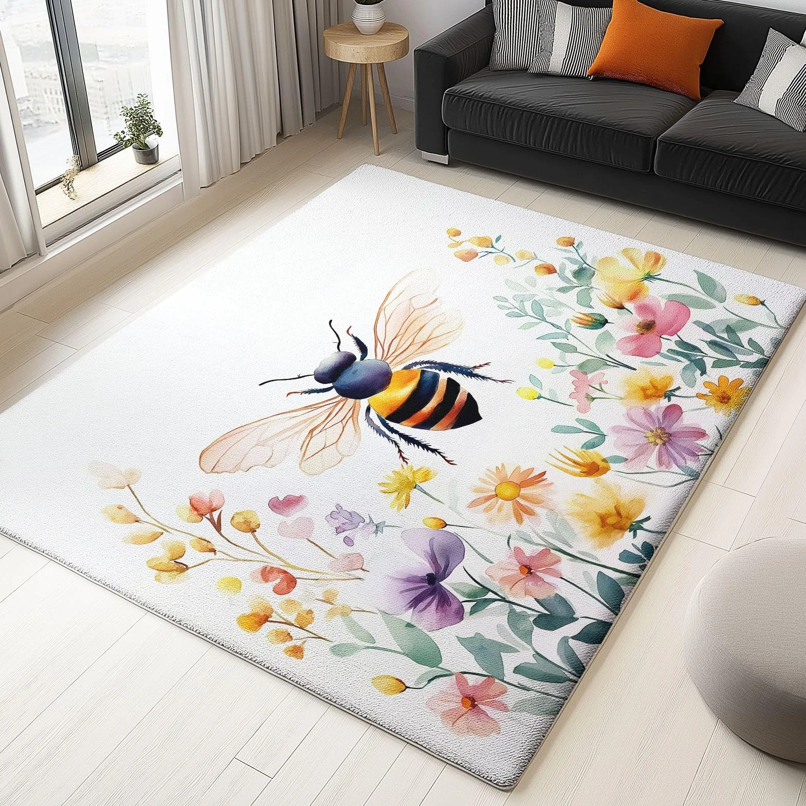 Tapis Salon Poil Court Fleurs À L'Aquarelle Abeille Motif Lavable en Machine Antidérapant 140 x 200 cm