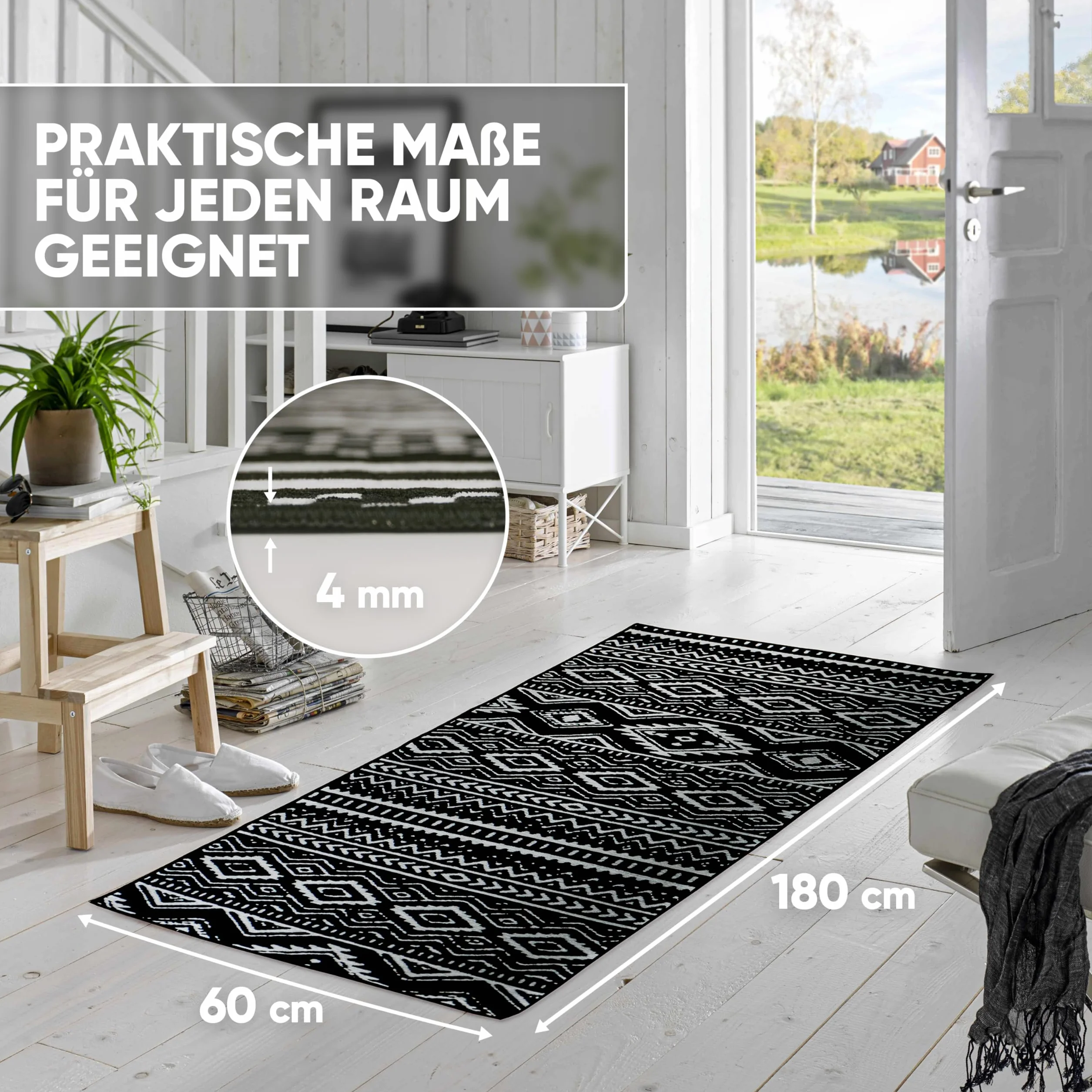 Björn&Schiller Tapis de Couloir Moderne, Long, antidérapant, pour Couloir, Chambre à Coucher et Salon, 60 x 180 cm, Noir