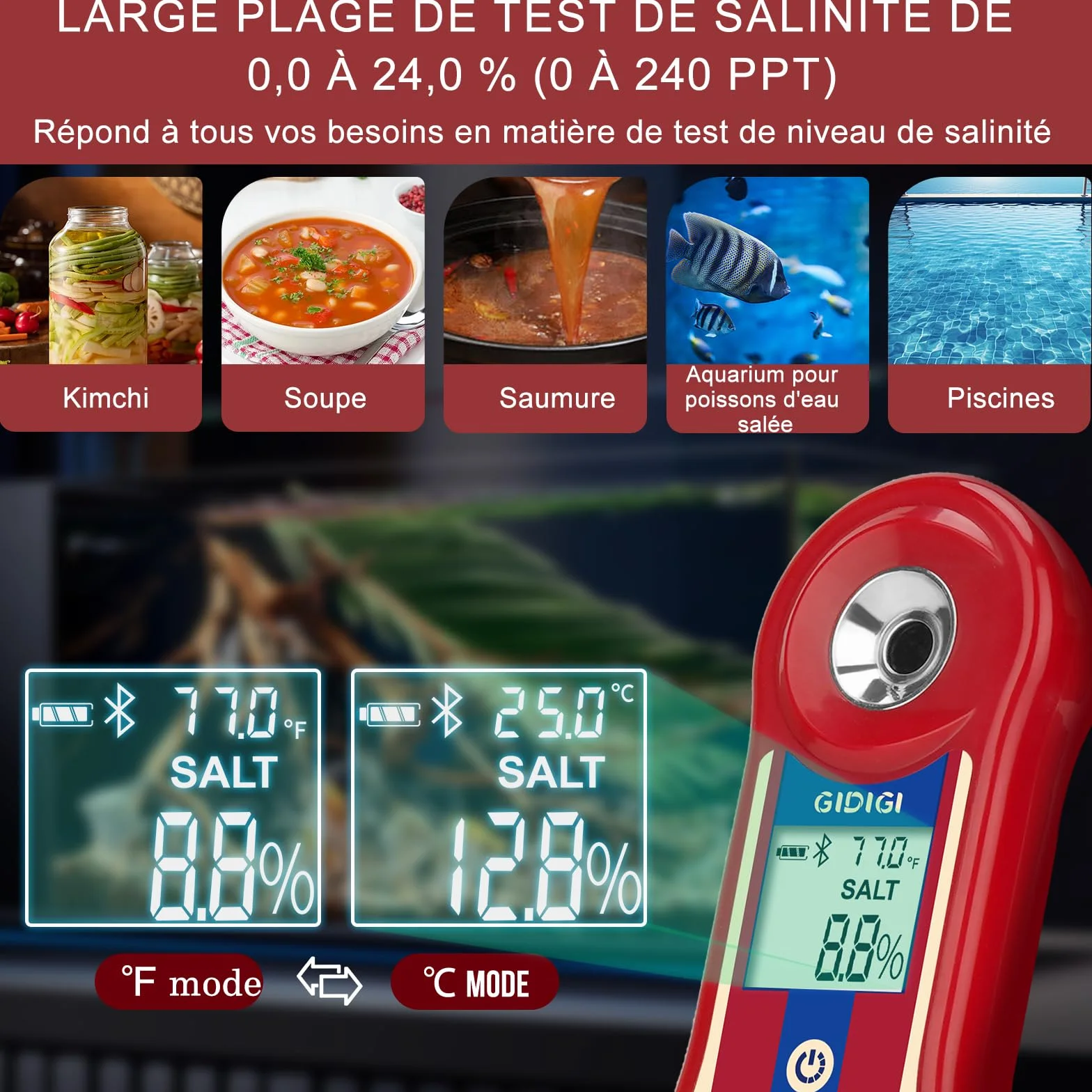Réfractomètre numérique Brix et testeur de salinité, Compteur de Sucre Brix Intelligent, réfractomètre de sel avec ATC, Plage Brix 0,0-60% pour Le Brassage de Fruits, de vin et de bière