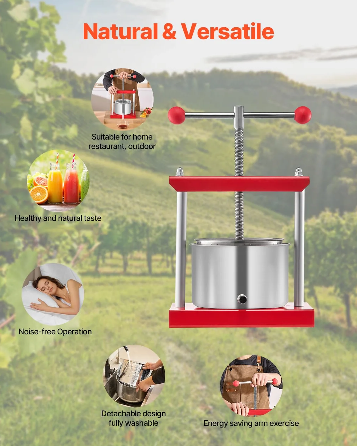 VEVOR Pressoir à Fruits Manuel Capacité 3 L, Presse à Vin avec 2 Barils en Acier Inoxydable, avec Poignée en T, Nettoyage Facile, Presse à Jus, Raisin, Cidre de Pomme pour la Cuisine et la Maison