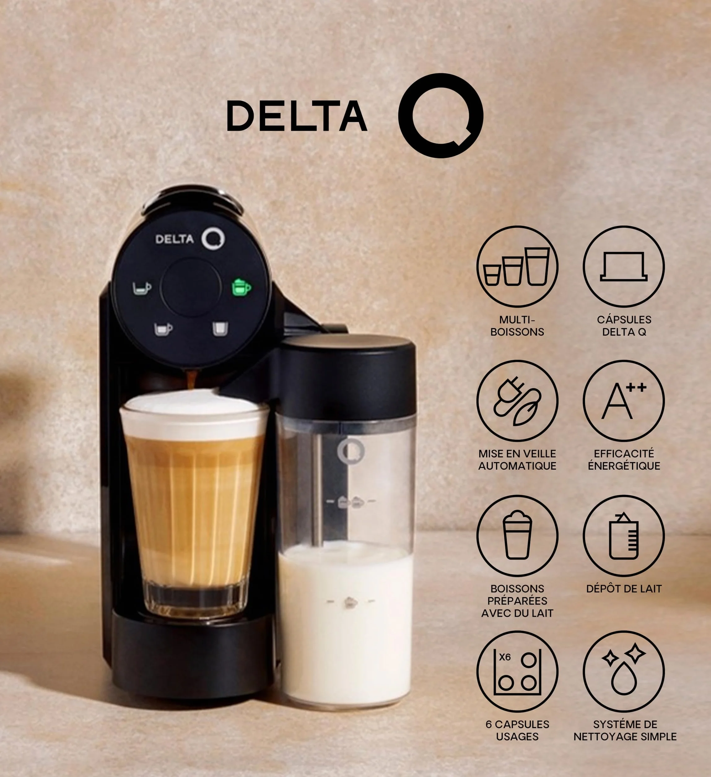 Delta Q Machine Mini MilkQool Noire, Réservoir à Lait, Inclus 90 Capsules | 20 Bars de Pression, Réservoir 0,6 L, Inclus 2 x 40 Capsules de Café Qalidus et 10 Caps Décaféinées