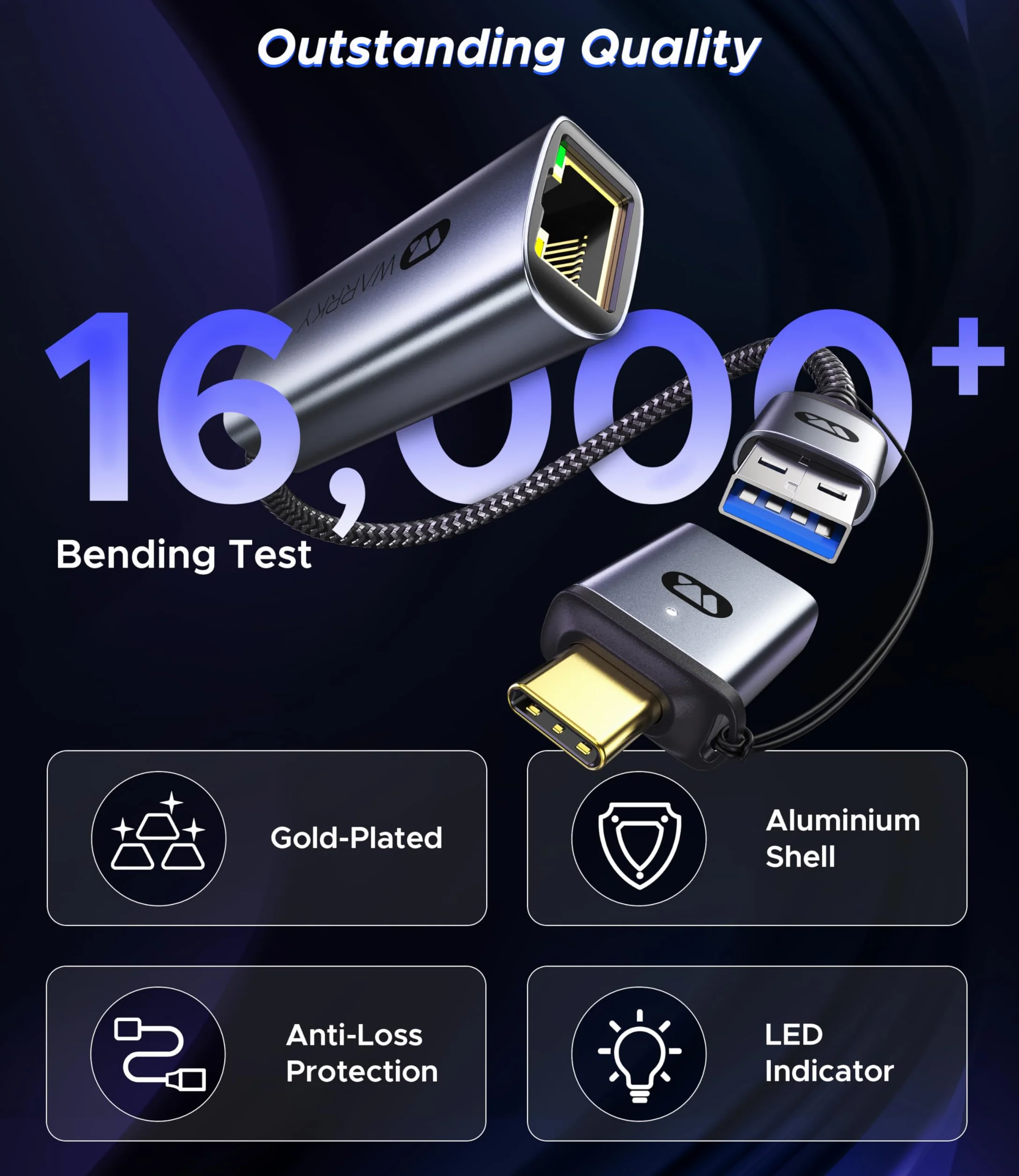 WARRKY Adaptateur USB Ethernet 1Gbps 2-en-1 USB 3.0 USB-C vers RJ45 LAN