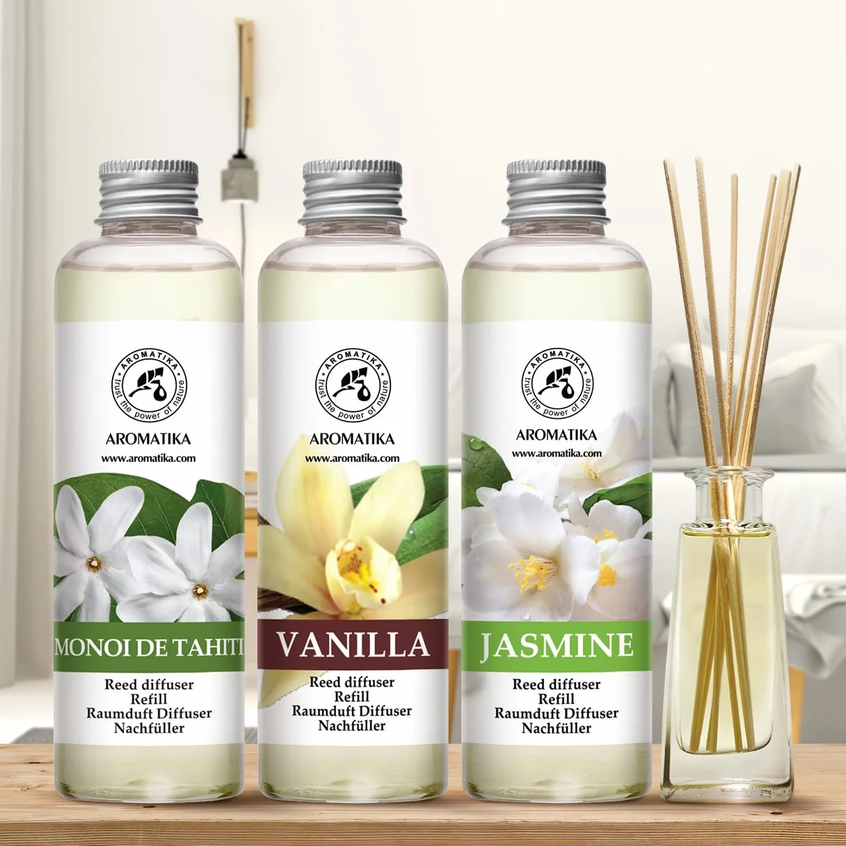 Recharge Diffuseurs de Parfum 3x200ml Monoï de Tahiti Vanille Jasmin - Parfum d'Ambance Frais Longue Durée