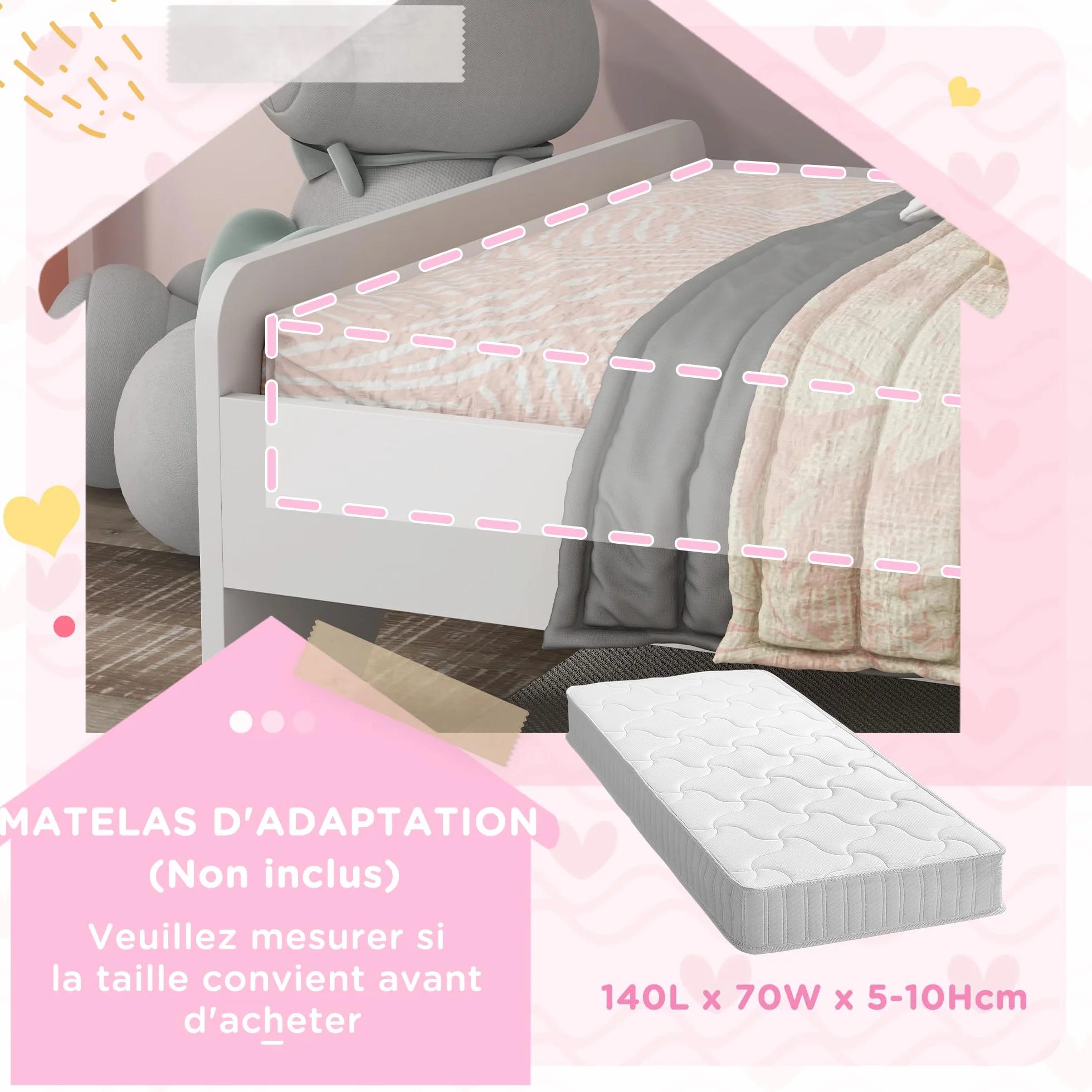 ZONEKIZ Lit Enfant, Design Licorne, 3 à 6 Ans, sommier à Lattes Inclus, 143 x 74 x 67 cm, lit pour Enfant, barrières latérales, Charge Max. 80 kg, Rose