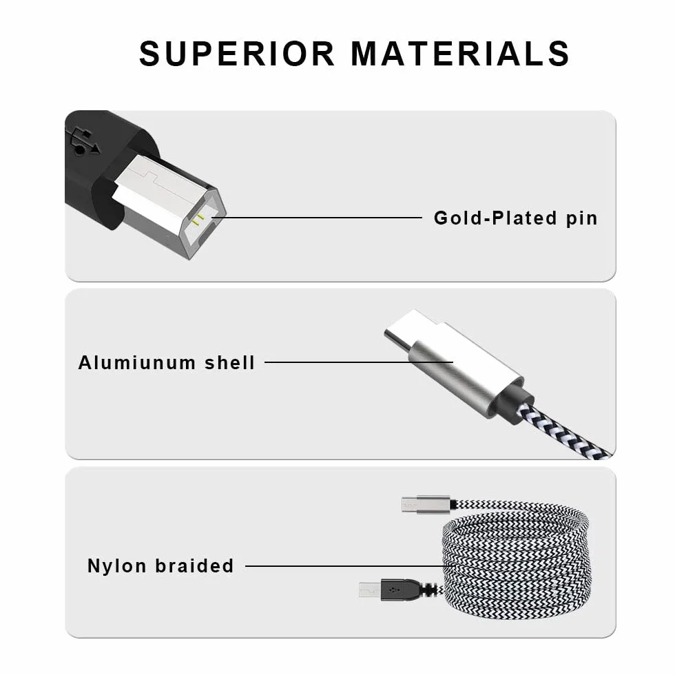 MOSWAG Câble USB B vers USB C 480 Mbps 1M Tressé Nylon Aluminium pour Imprimante MIDI