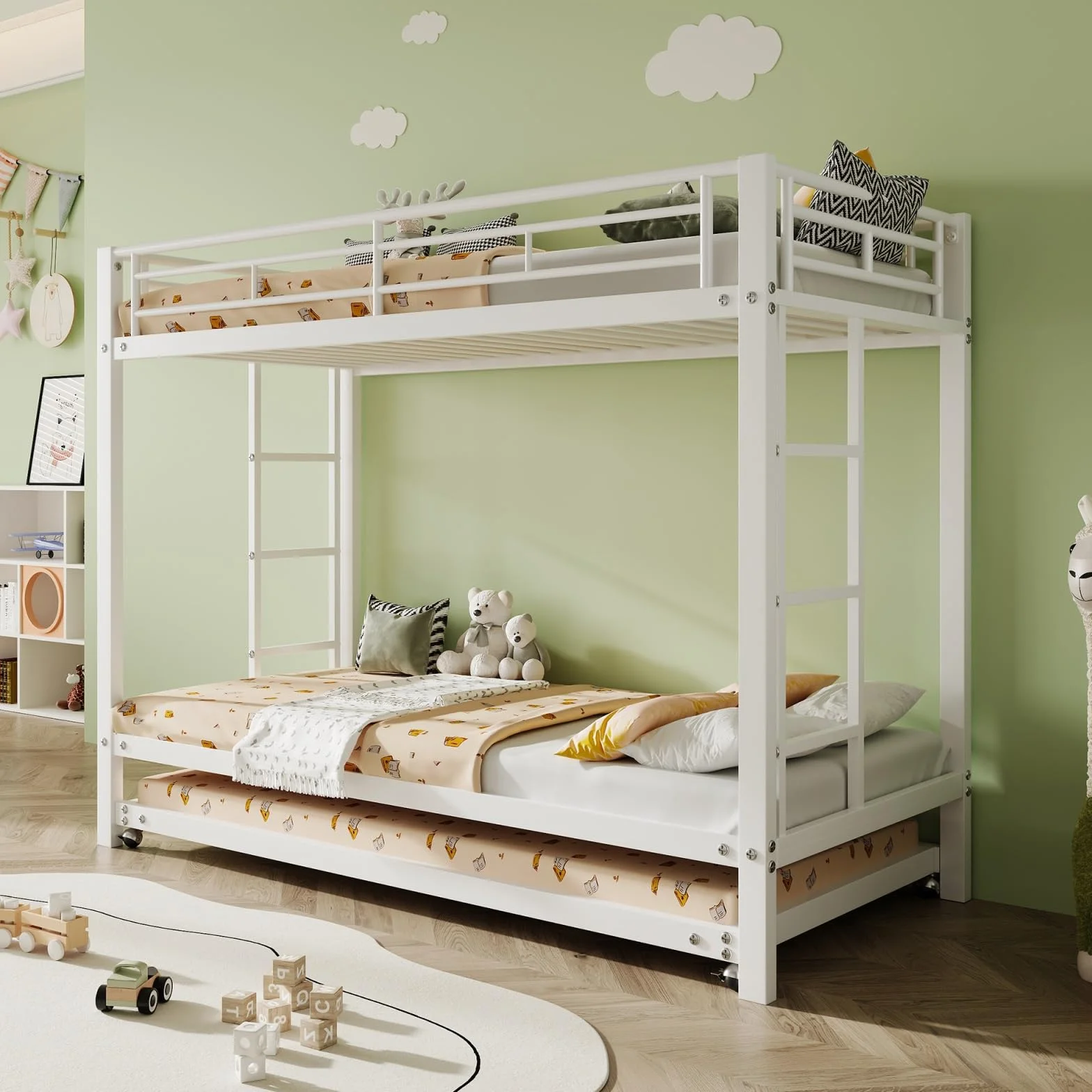 Lit Superposé 3 Places 90x200 cm avec lit Gigogne 90x190cm,Blanc | Cadre de Lit en Métal,Barrières de Sécurité, Échelle Antidérapante, lit avec sommier,Certification EN747,pour Garçons Filles