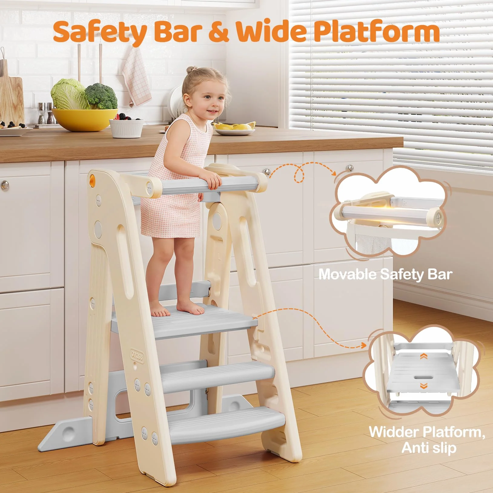 Tour d'apprentissage pour Enfants, Pliable, Tour d'observation équipée de barrières, Réglable en Hauteur, Tour d Observation Enfant pour Cusine|Salle de Bain|Chambre à Coucher, 1,5 à 6 Ans (Blanc)