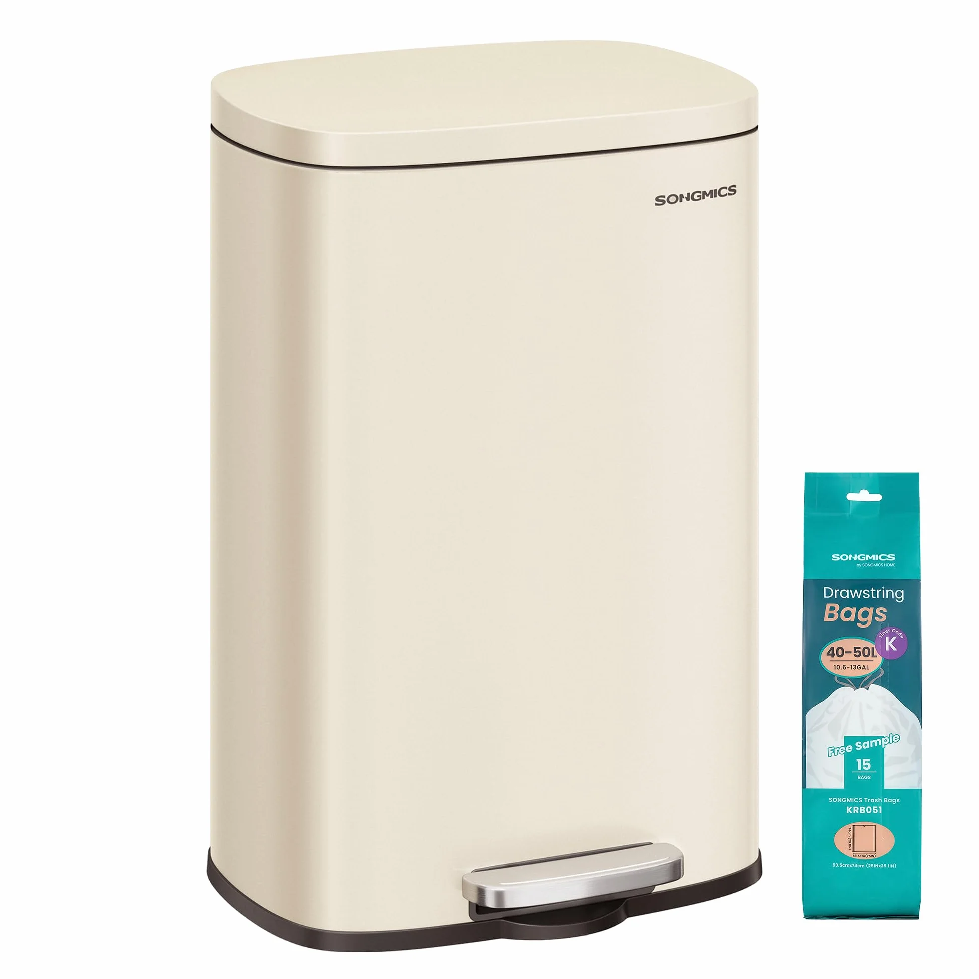 SONGMICS Poubelle Cuisine 50 L, Acier, Pédale, Fermeture en Douceur, Beige Sable