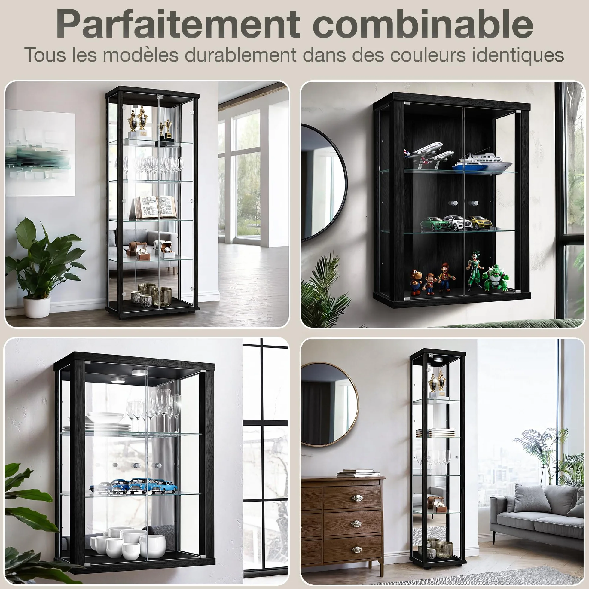 Meuble vitrine Verre 2-Portes (176x67x33cm) - Fabriqué en Allemagne - Vitrine Salle a Manger Noir avec 4 étagères en Verre réglables & LED - Armoires vitrées de présentation Figurine