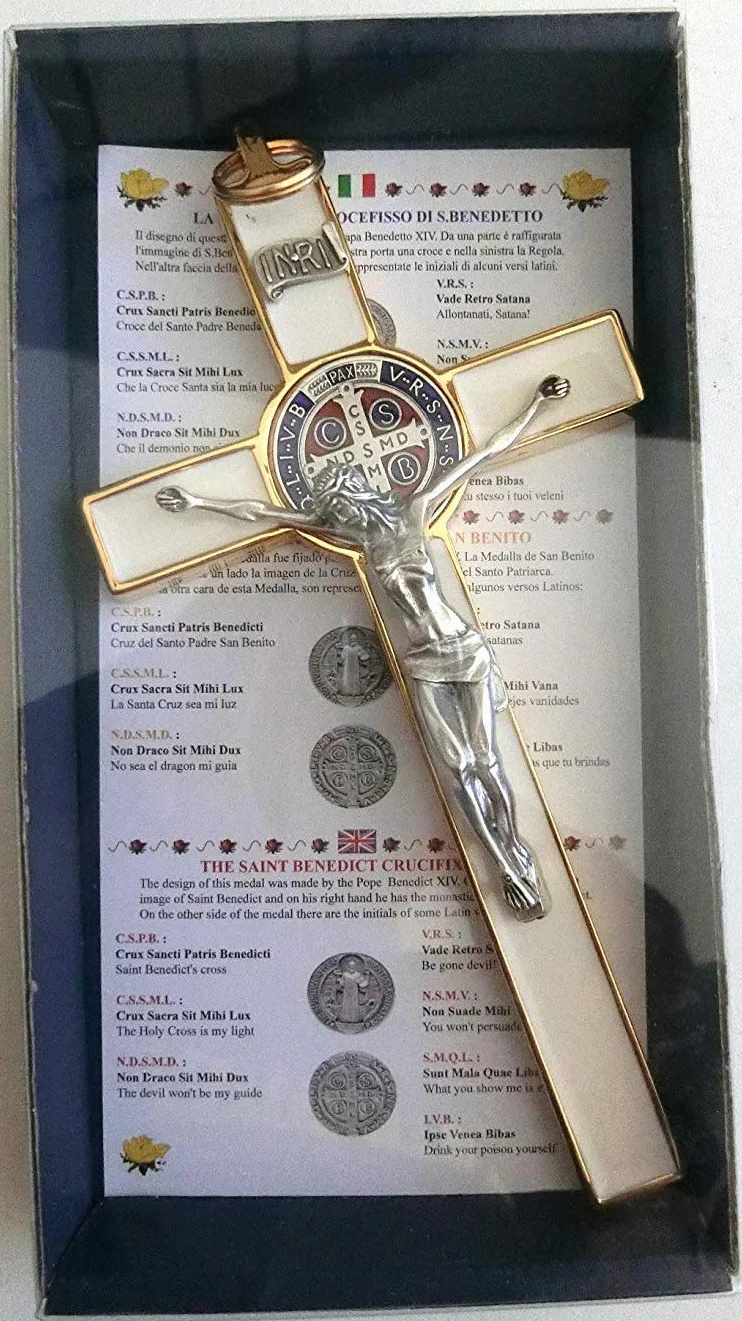 Croix Or Blanc Saint Benoît 20 CM Émaillé Boîte Cadeau Exorcisme Prêtre