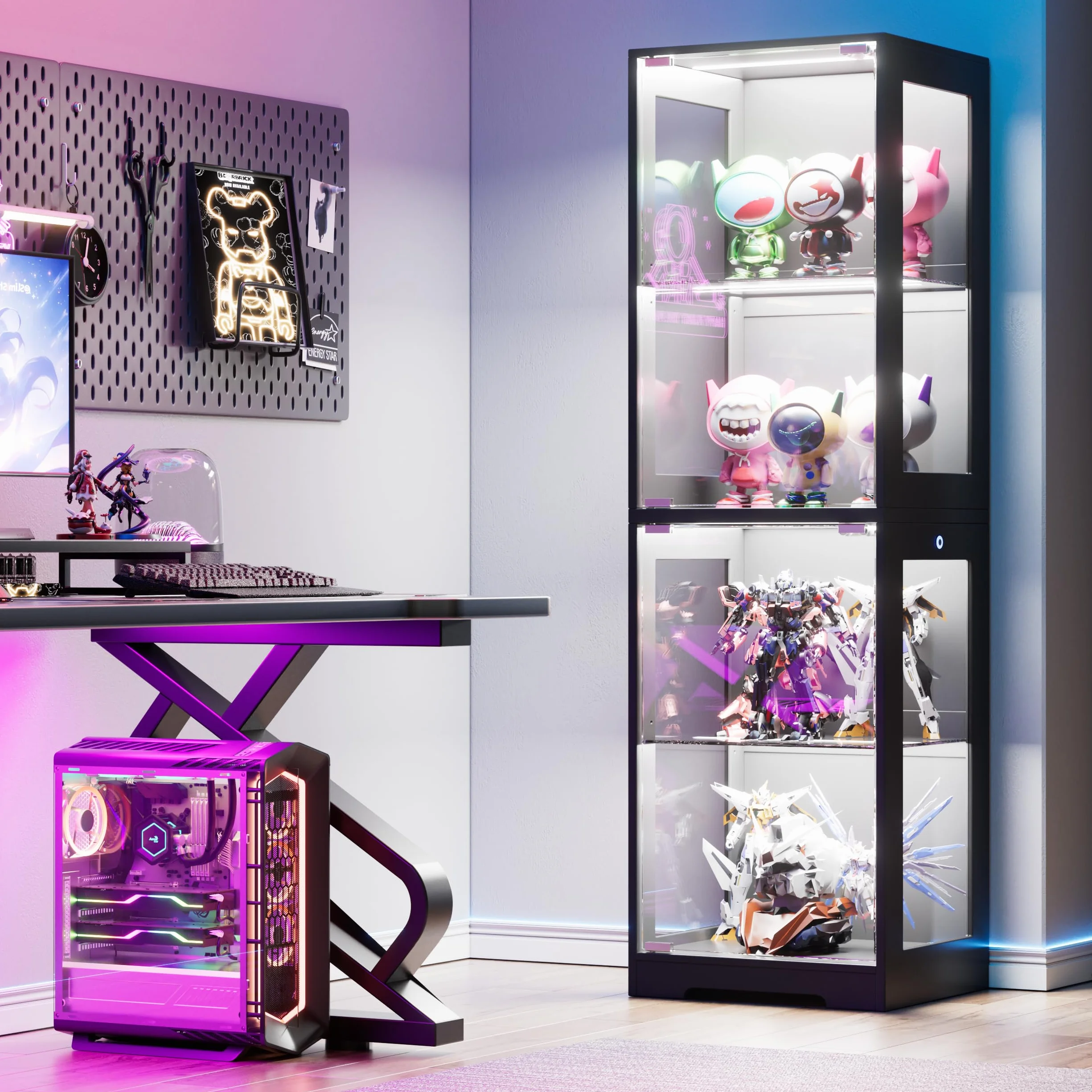 Vitrine en Verre avec LED, Vitrine pour Collection, 4 Couches Multifonction en Verre Debout,Armoir de Vitrine Moderne,Armoire de Salon de Collection,Jouets,Livres, 160x40x35cm
