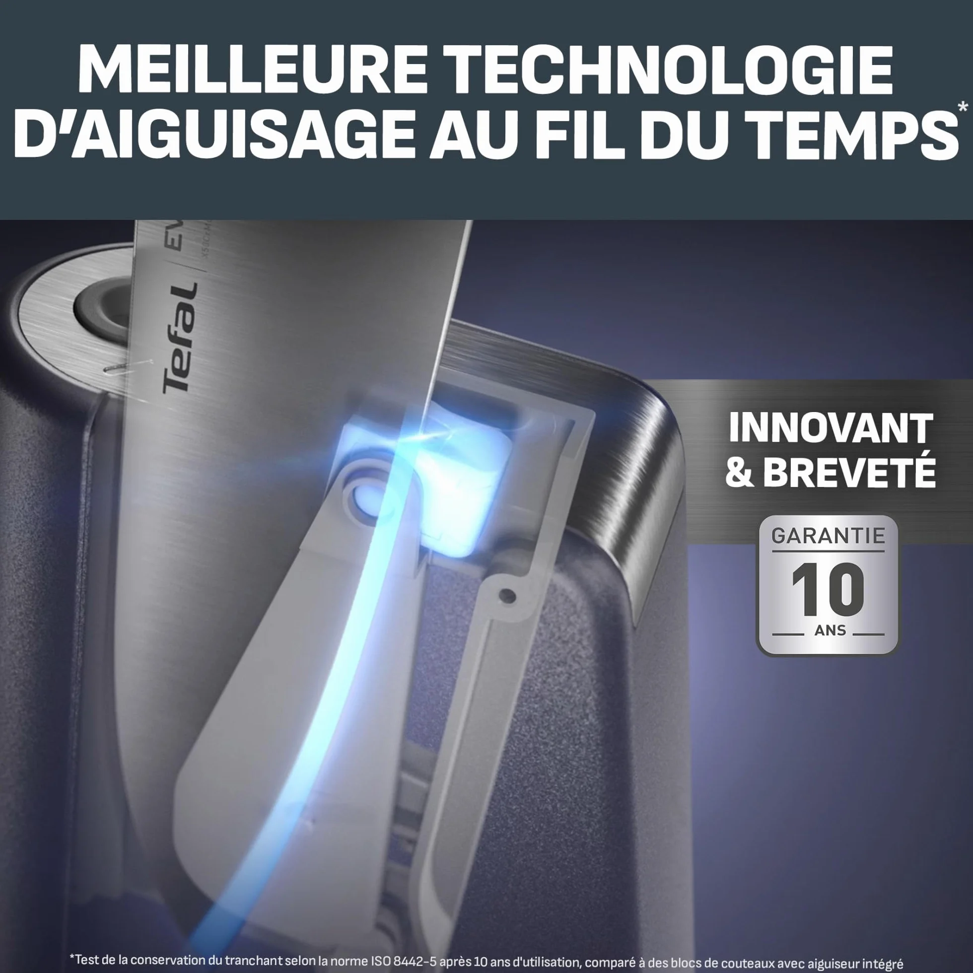 Tefal EverSharp, Set de 5 couteaux en acier inoxydable, Bloc avec affûteur intégré, 5 couteaux, Tranchant durable, K2976S04
