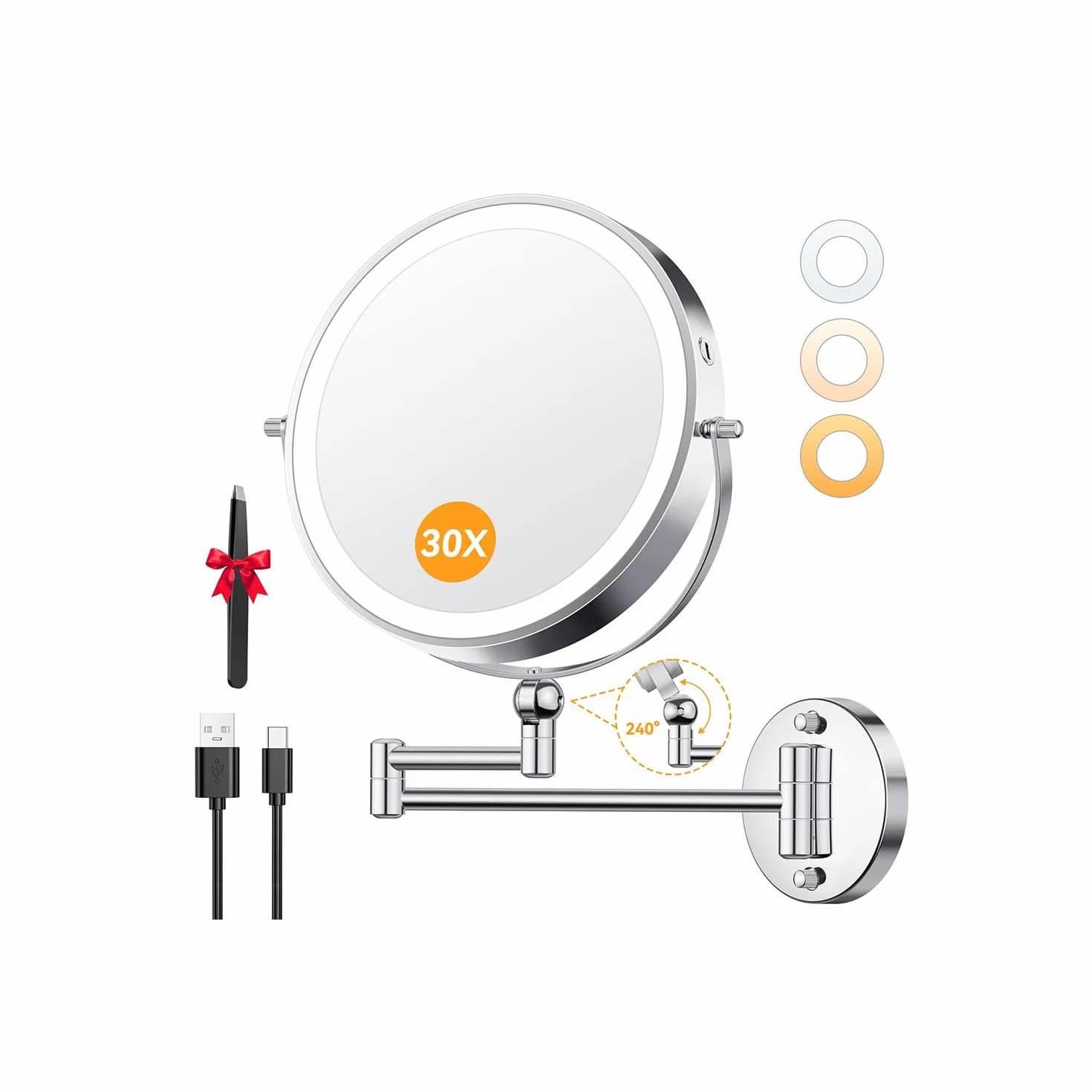 Auxmir 9" Miroir Grossissant Mural Rechargeable 5000 mAh, Miroir Grossissant x30 Réglable en Hauteur et Rotatif 360° pour Soins du Visage et Rasage pour Toute la Famille, Salles de Bain et Hôtels
