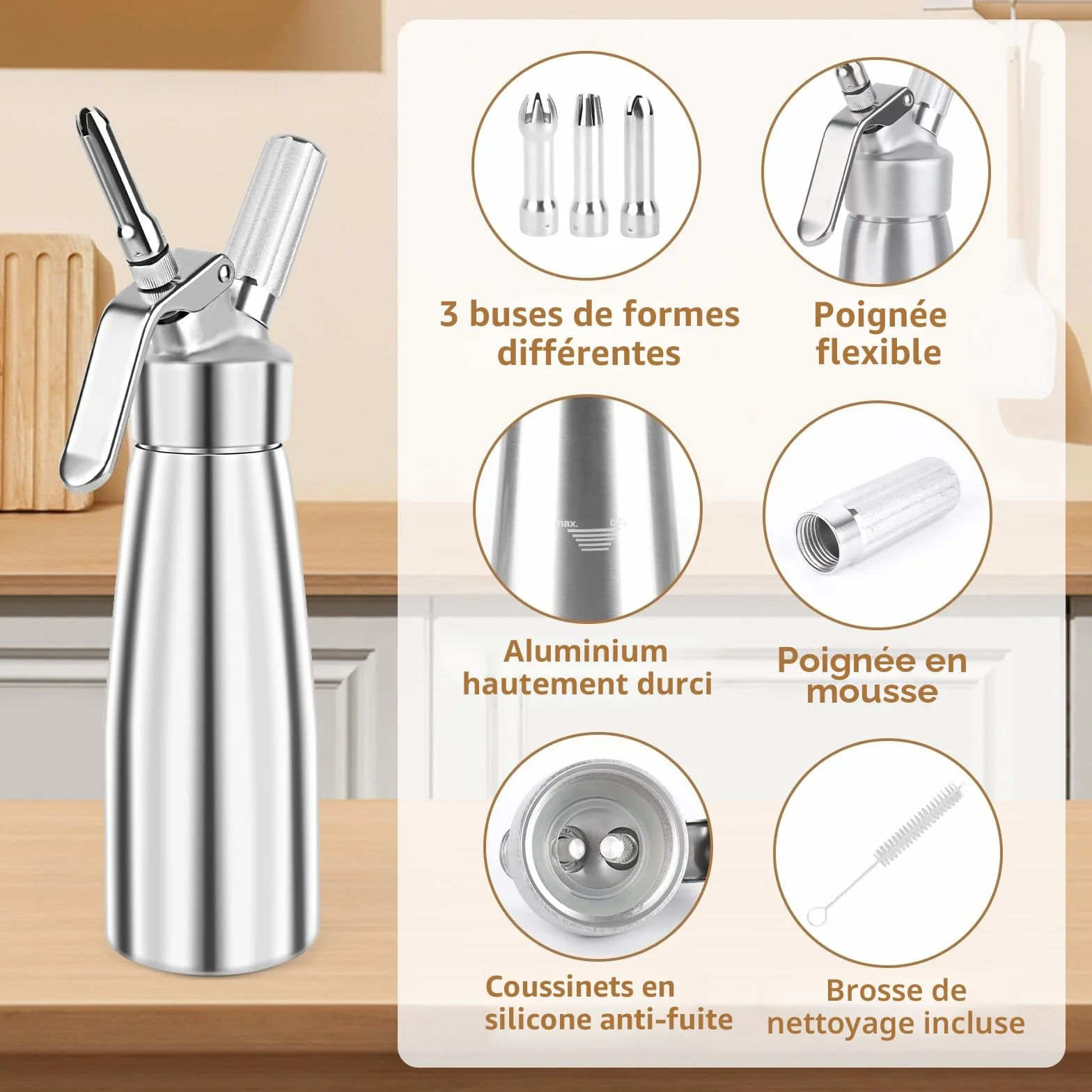 Siphon Chantilly 500ml Aluminium avec 3 Douilles Inox et Brosse Nettoyage pour Crèmes et Mousses