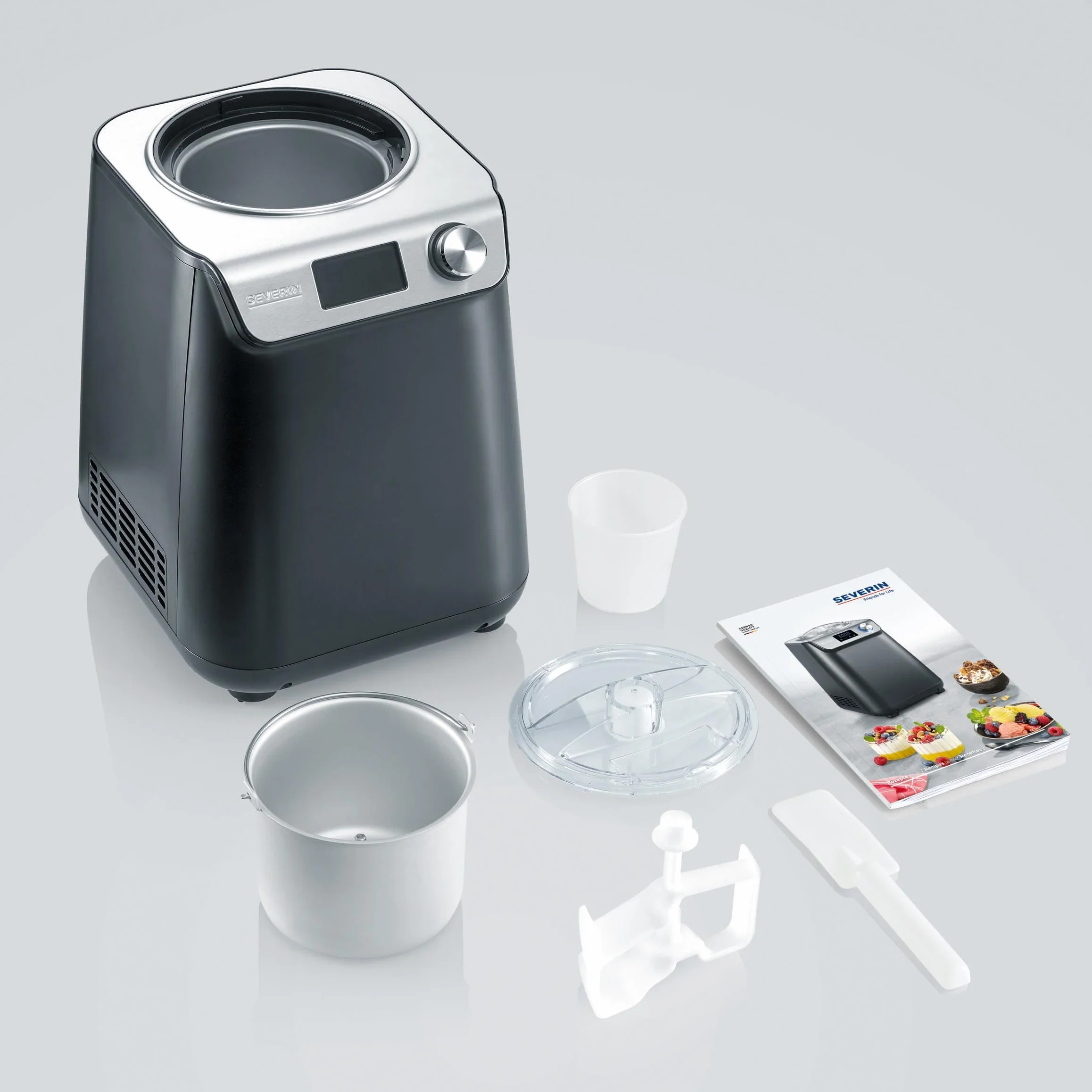 SEVERIN Sorbetière 2-en-1 Compacte 135 W, Sorbetière électrique et yaourtière d'une capacité 1,2 L, Machine à glace avec livre de recettes, noir, EZ 7407
