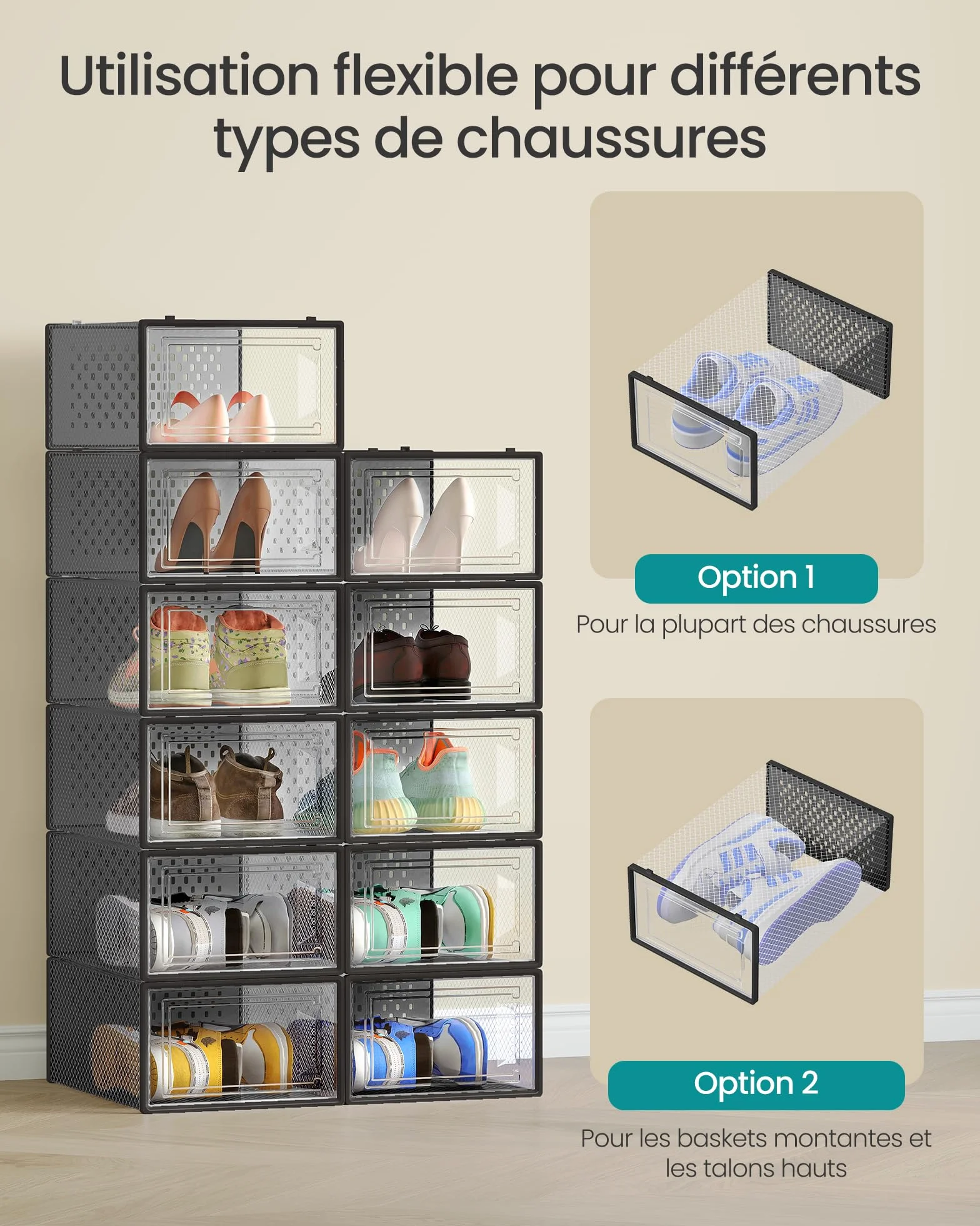 SONGMICS Boîtes à Chaussures Plastique Pliables Empilables Lot de 18 Transparent Noir LSP066B18