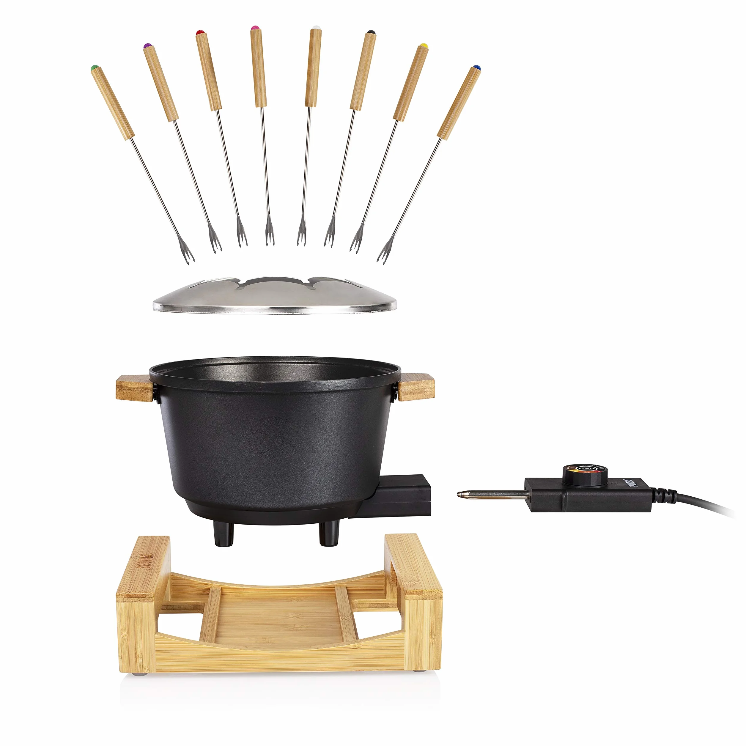 Princess Service à fondue 1,5 L pour 8 personnes – Design en bambou, caquelon antiadhésif, thermostat réglable, 8 fourchettes incluses, polyvalent, facile à nettoyer