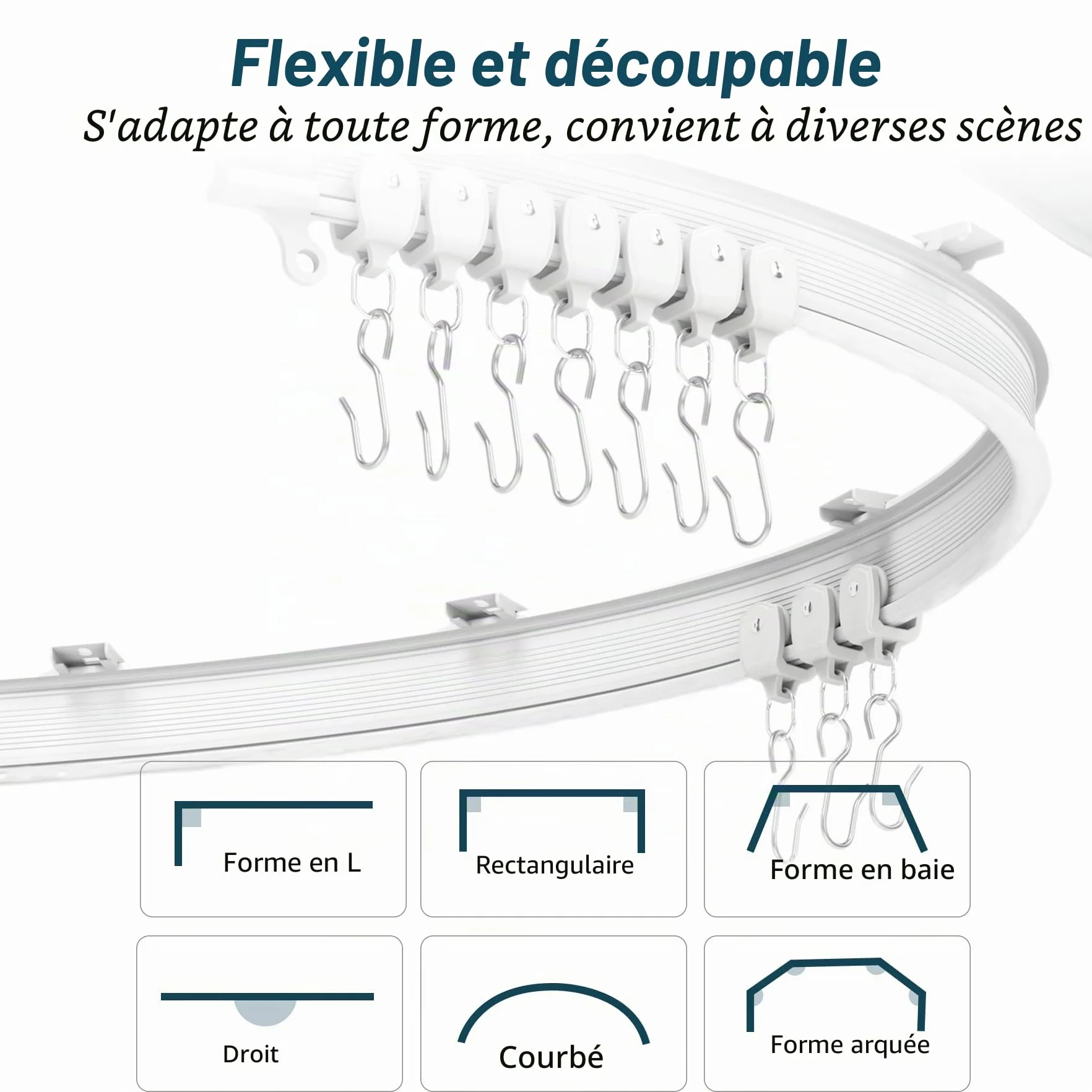 Rail Rideaux Plafond Flexible Courbé PVC Acier Inoxydable 3 M Blanc