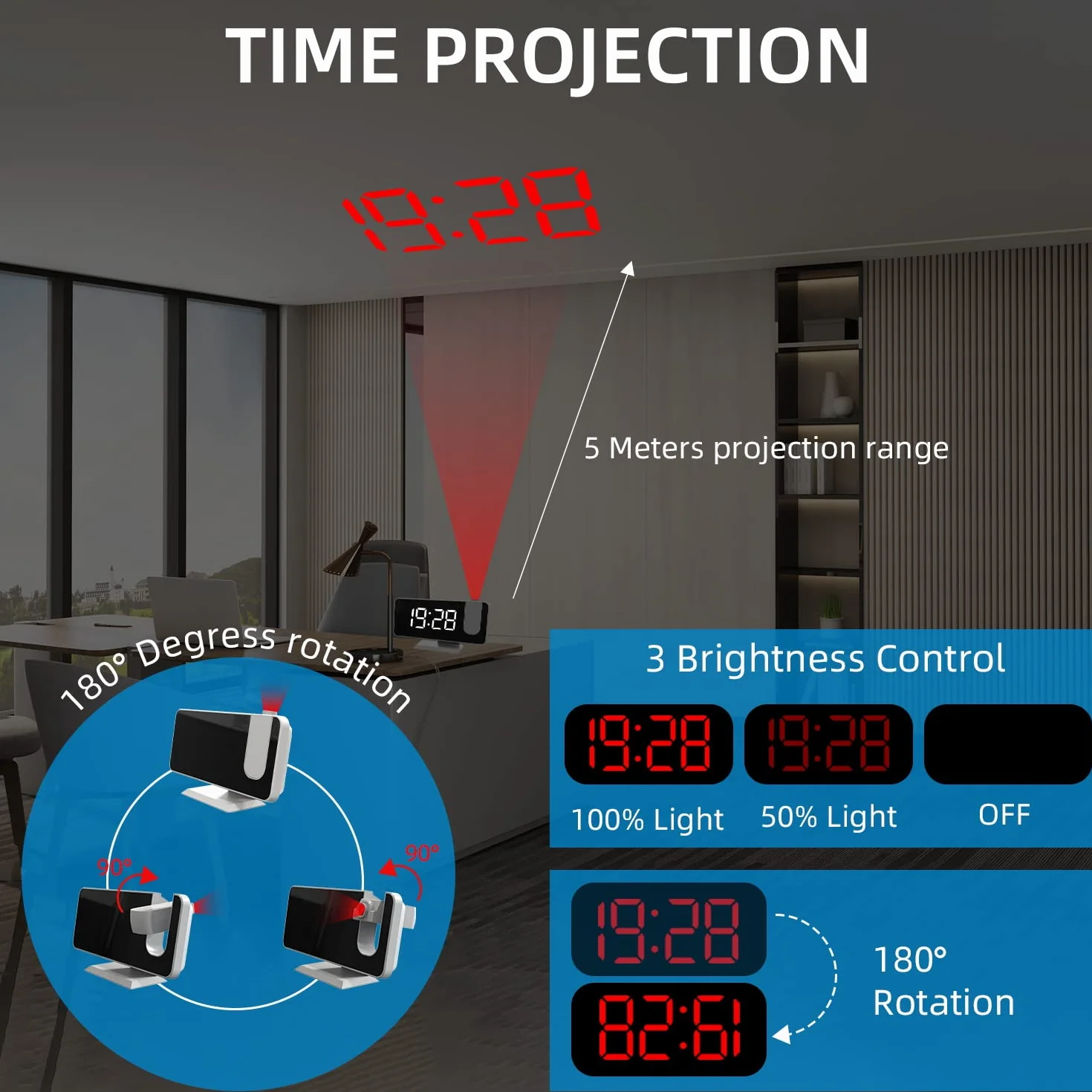 Réveil Projection Plafond Mur Alarme Double Snooze 12/24 H Charge USB Affichage LED Miroir 4 Niveaux Lumière Intensité Variable Blanc