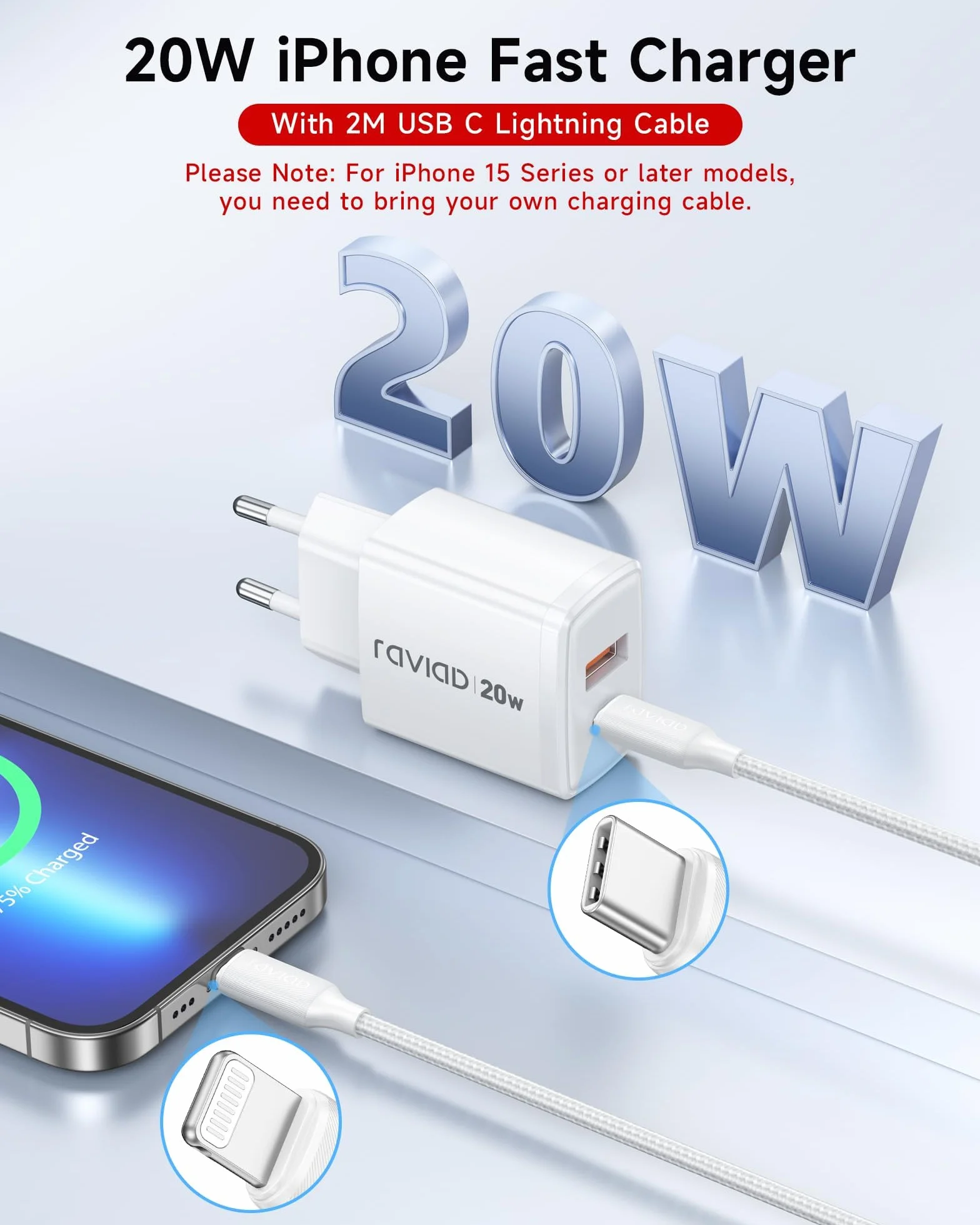 RAVIAD Kabel Do iPhone'a I Szybka Ładowarka Sieciowa [Certyfikat Mfi] Ładowarka 20W do iPhone'a, Kabel Usb-C Na Lightning 2M Z Zasilaczem Sieciowym do iPhone 14 Pro Max 13 Plus 12 11 Se X iPad