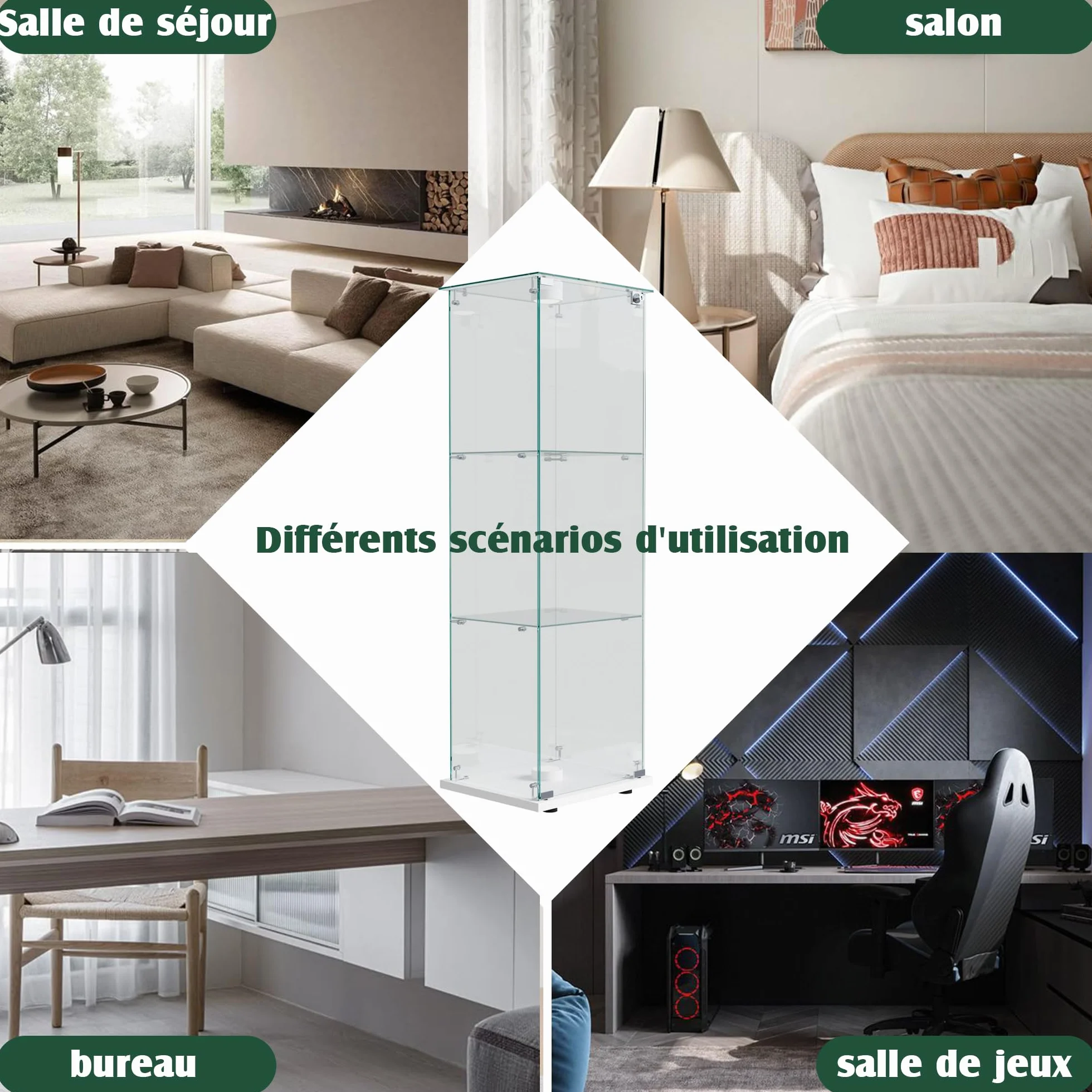 Vitrine en verre avec 1 porte et éclairage LED, 3 étagères, pour salon, bureau, chambre à coucher, 40 x 35 x 123 cm, facile à assembler, blanc
