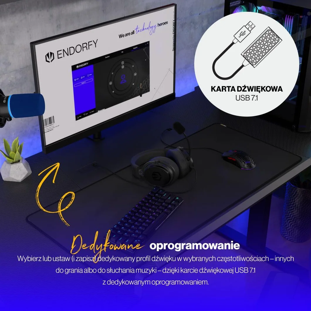 ENDORFY Viro Plus USB, słuchawki gamingowe 7.1, przetworniki 53 mm, odpinany mikrofon z pop filtrem, karta dźwiękowa USB, nausznice memory foam