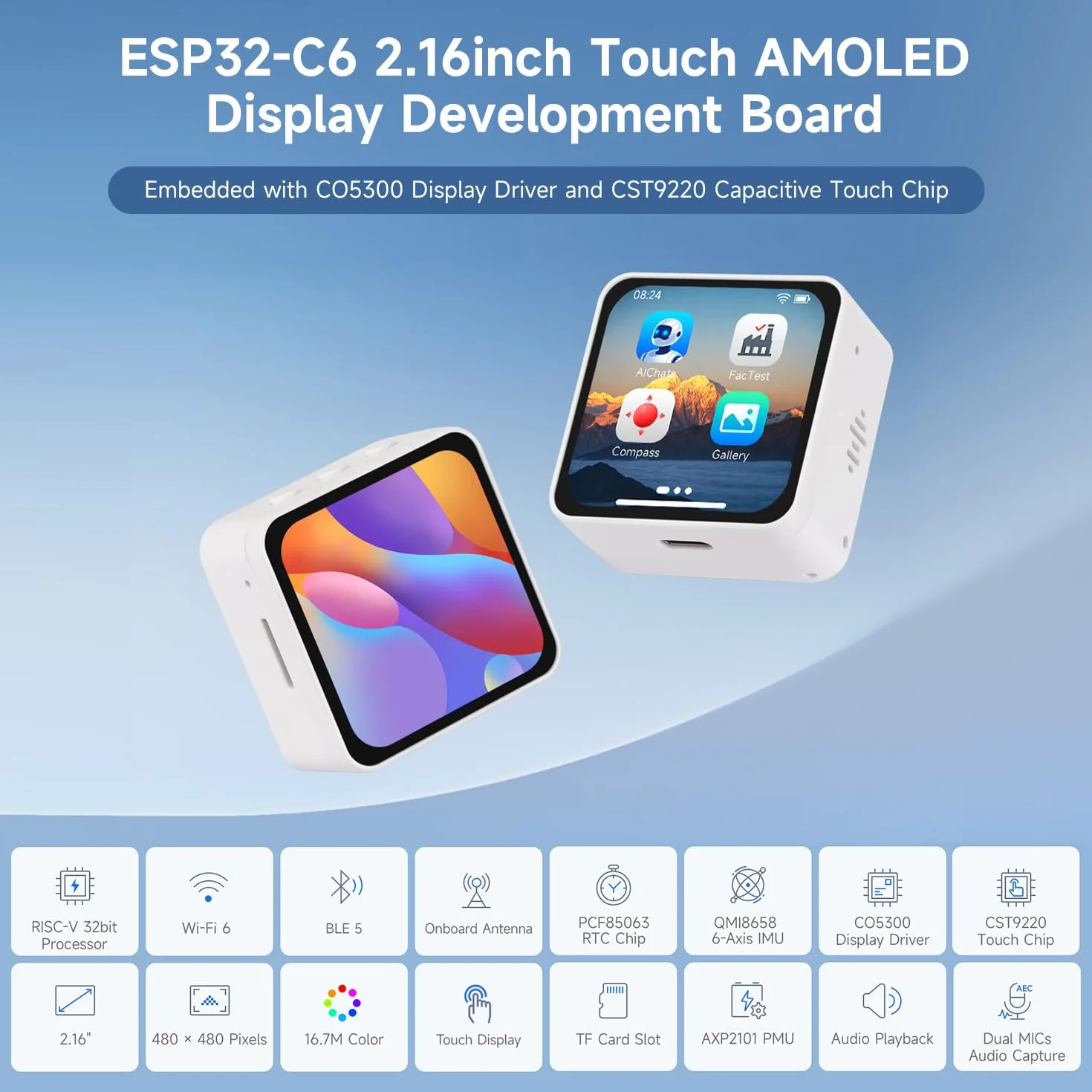 Waveshare ESP32-C6 2.16inch AMOLED Display Touch Screen Development Board, 480 x 480 Resolution, 16.7M Color, Supports Dual Microphones, Wi-Fi 6 And BLE 5, No Batt