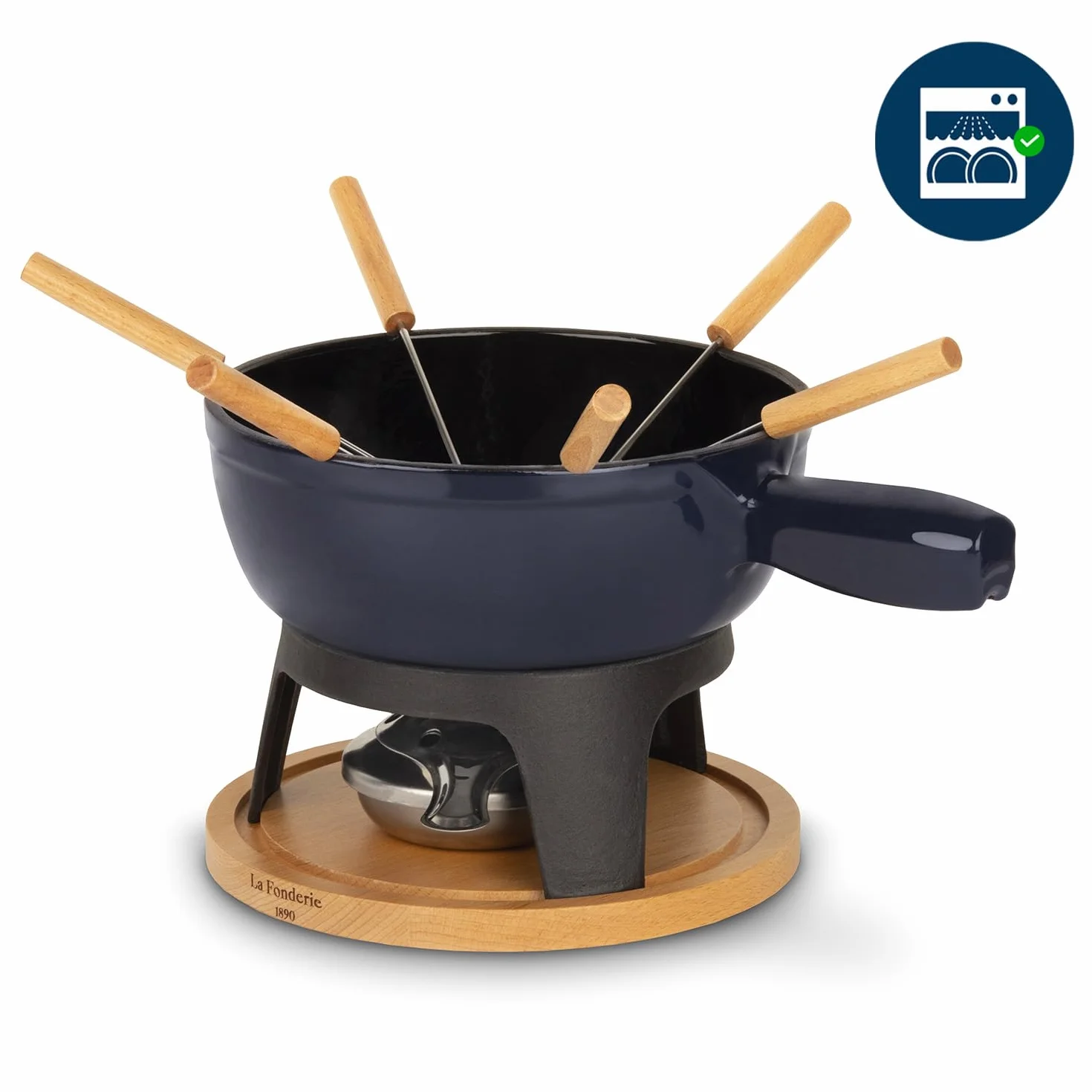Service à Fondue Savoyarde en Fonte 6 Personnes MONT JOUX, Fondues fromage et chocolat, 6 Fourchettes avec manches en bois de hêtre, Socle en bois naturel, Capacité 1,8L