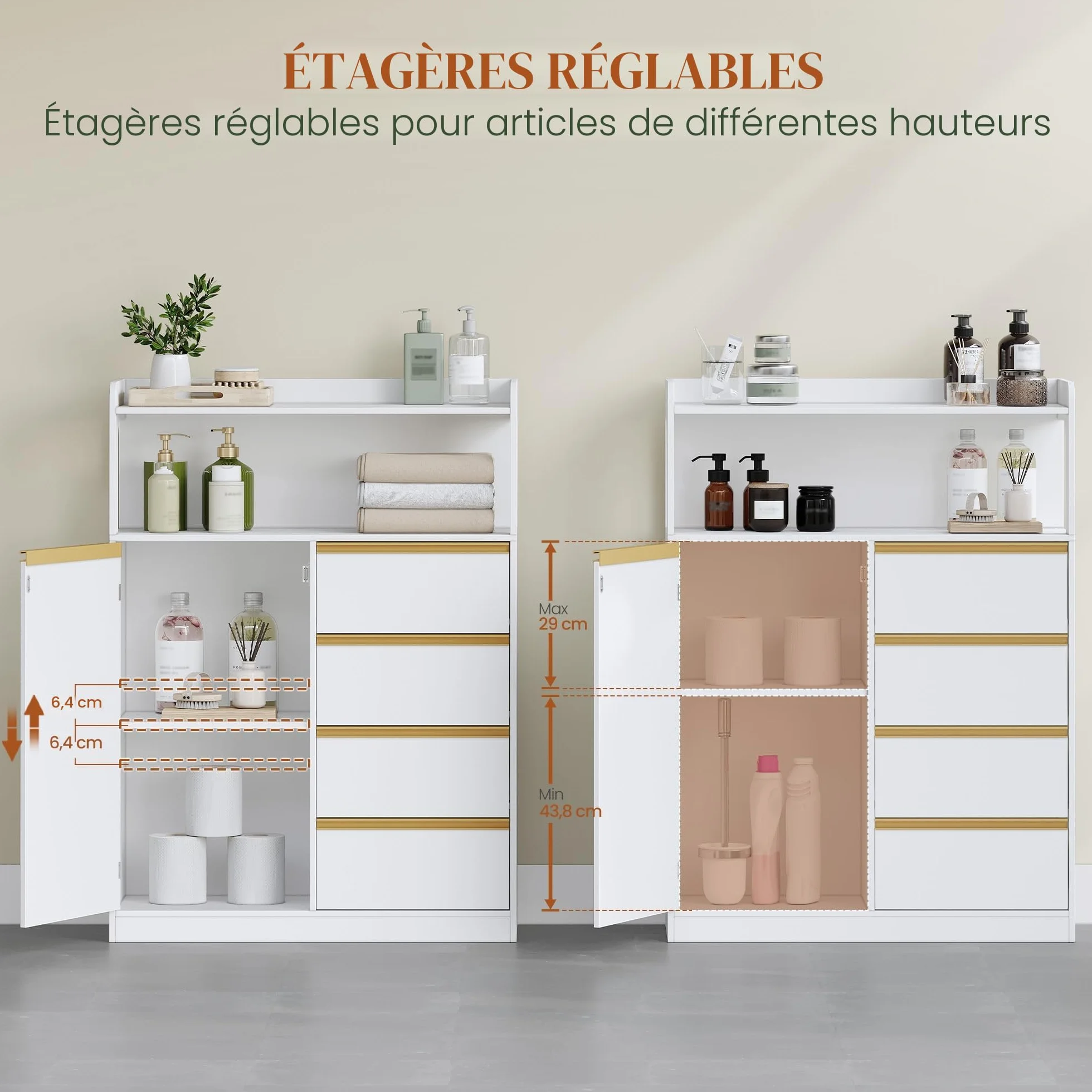 HEXCELEN Meuble Salle de Bain, Meuble Salle de Bain Rangement, Placard de Rangement avec 4 Tiroirs, Armoire Haut Salles de Bains, Étagères Réglables, Salles de Bains, Le Salon, Blanc, 30 x 80 x 110 cm