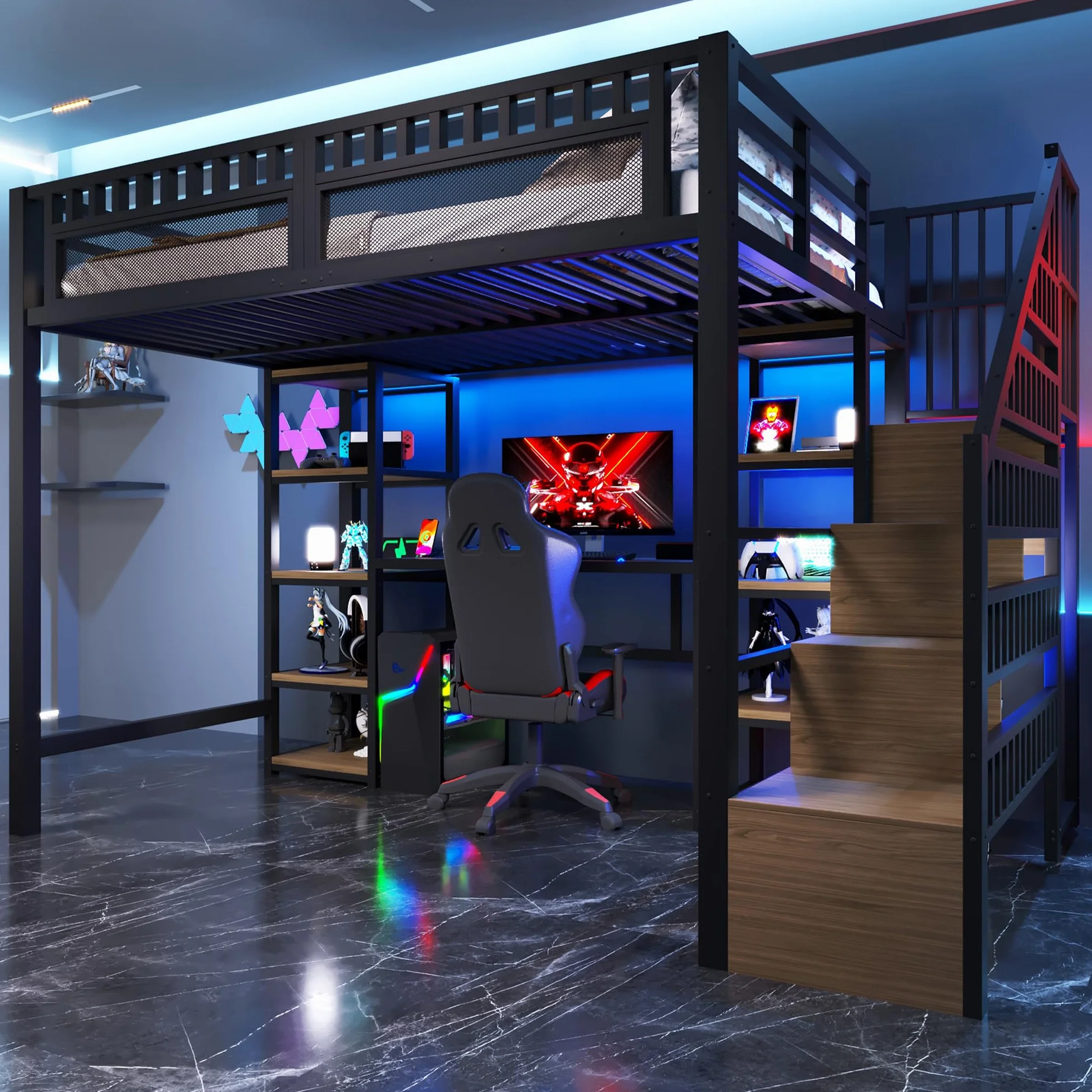 Sapgaks Lit Mezzanine Enfant en Fer 140x200 avec LED,Port USB, Bureau,Compartiment de Rangement,échelle de Rangement,lit superposé avec Garde-Corps,Cadre de lit Mezzanine 2 Place (A-Noir, 140x200)