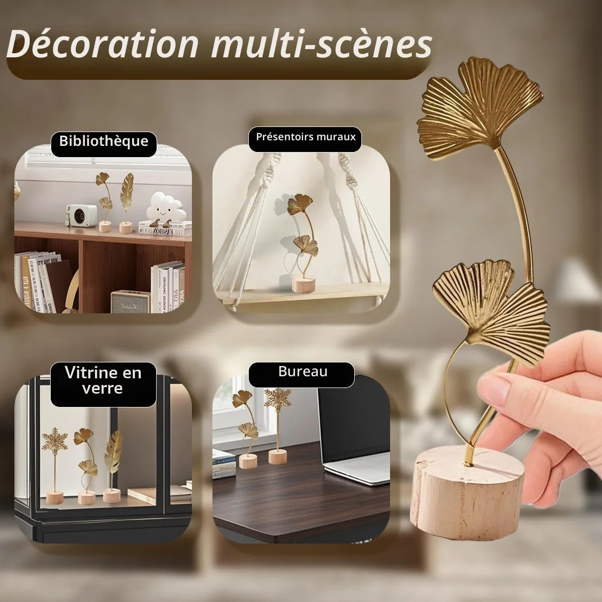 Décorations murales Set de 3 Sculptures Ginkgo Monstera Plume Métal Doré Socle Bois Décoration Intérieur Salon Bureau