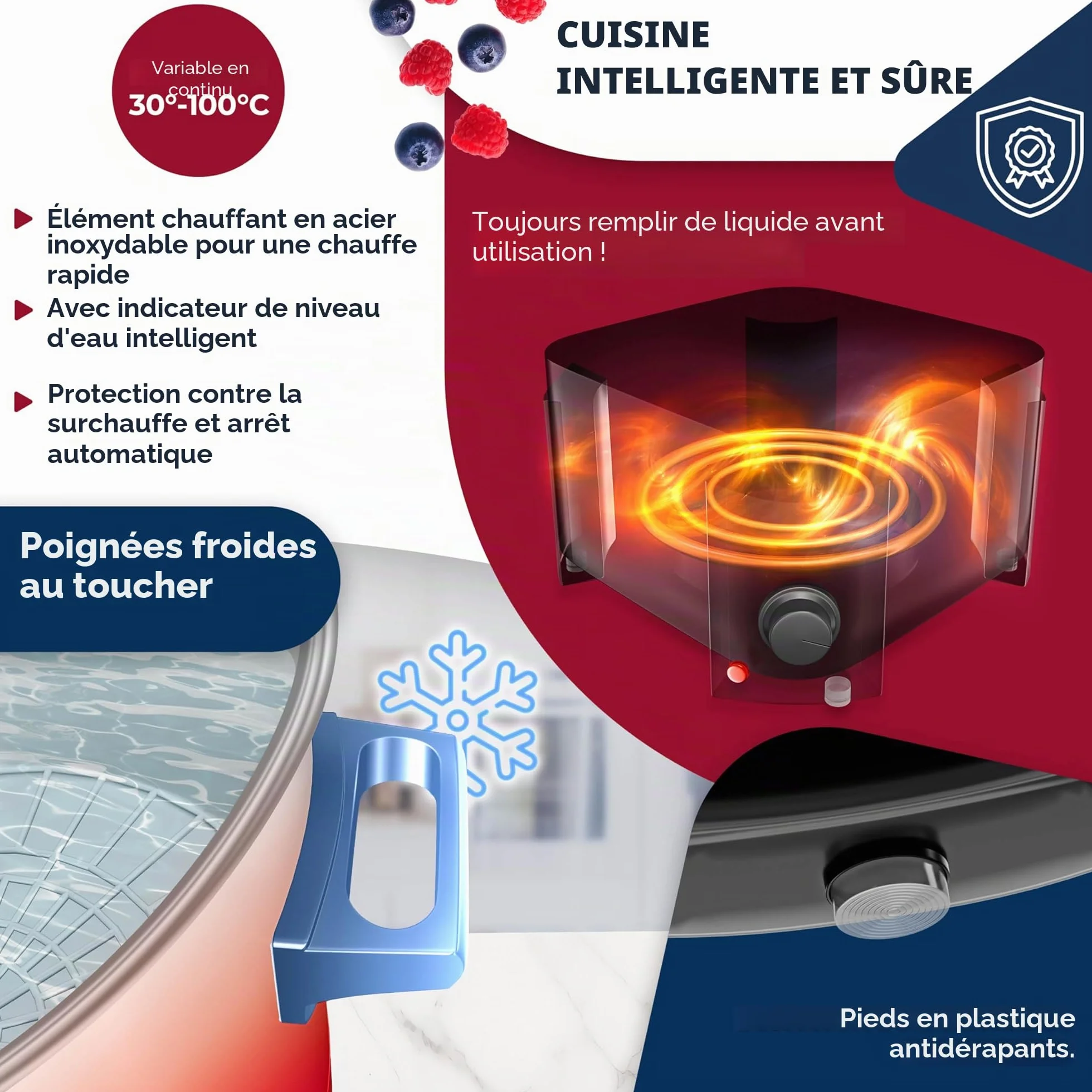 Autocuiseur KESSER 27 litres, acier inoxydable | 1800 watts | Température de 30 à 100 °C | Fonctionnement continu | Arrêt automatique Autocuiseur automatique blanc