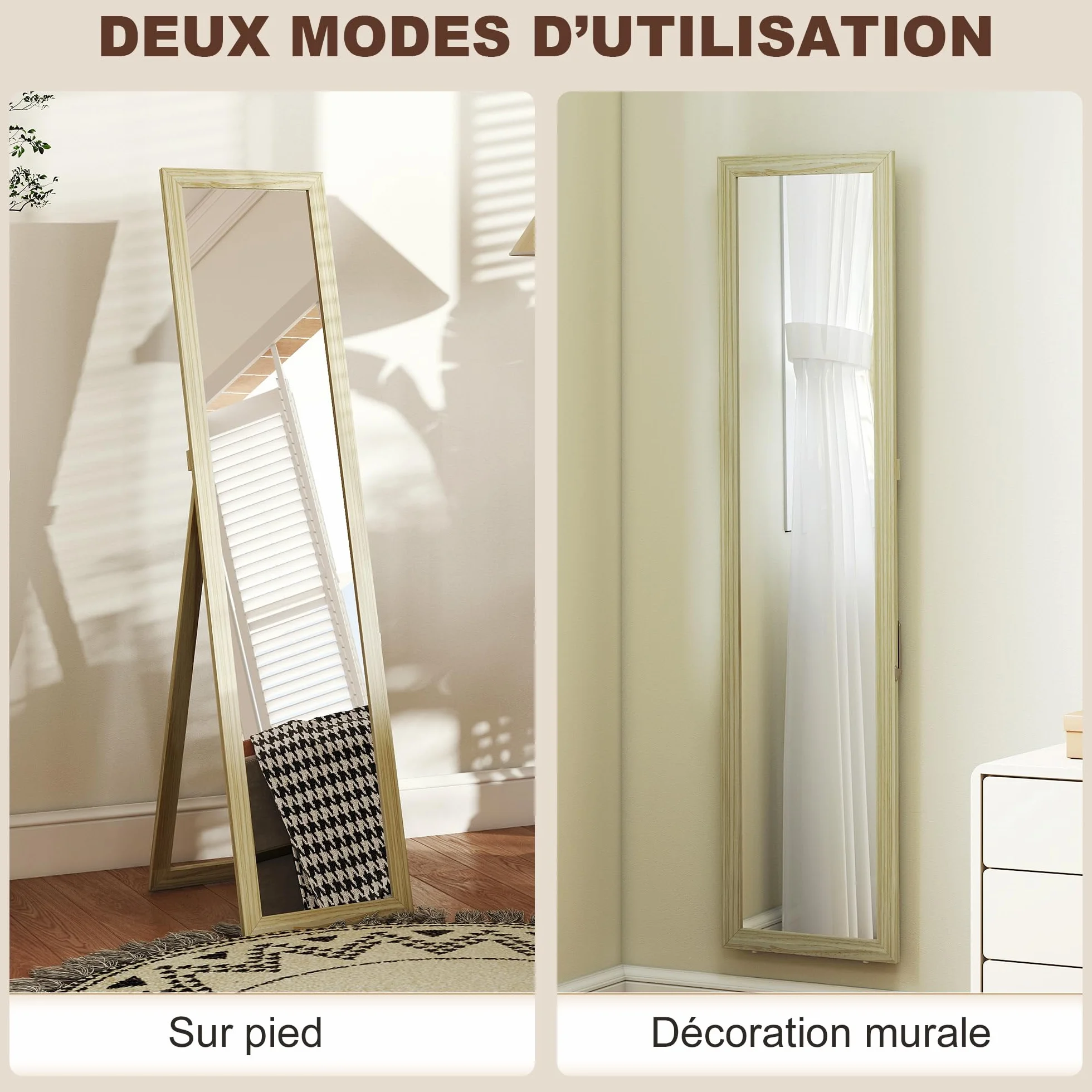 HOMCOM Miroir sur Pied et Mural Rectangulaire, Miroir de Sol Pleine Longueur pour Dressing, Chambre, Salon, 37 x 37 x 154 cm, Bois Naturel