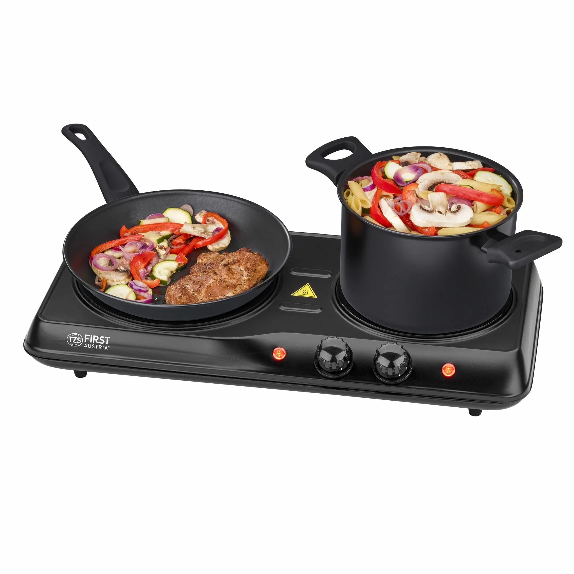 TZS First Austria - Plaque de cuisson double infrarouge vitrocéramique TOUS types de casseroles 2000W - Mini réchaud électrique pour déménagement, camping & maison - Réglage continu & témoin contrôle