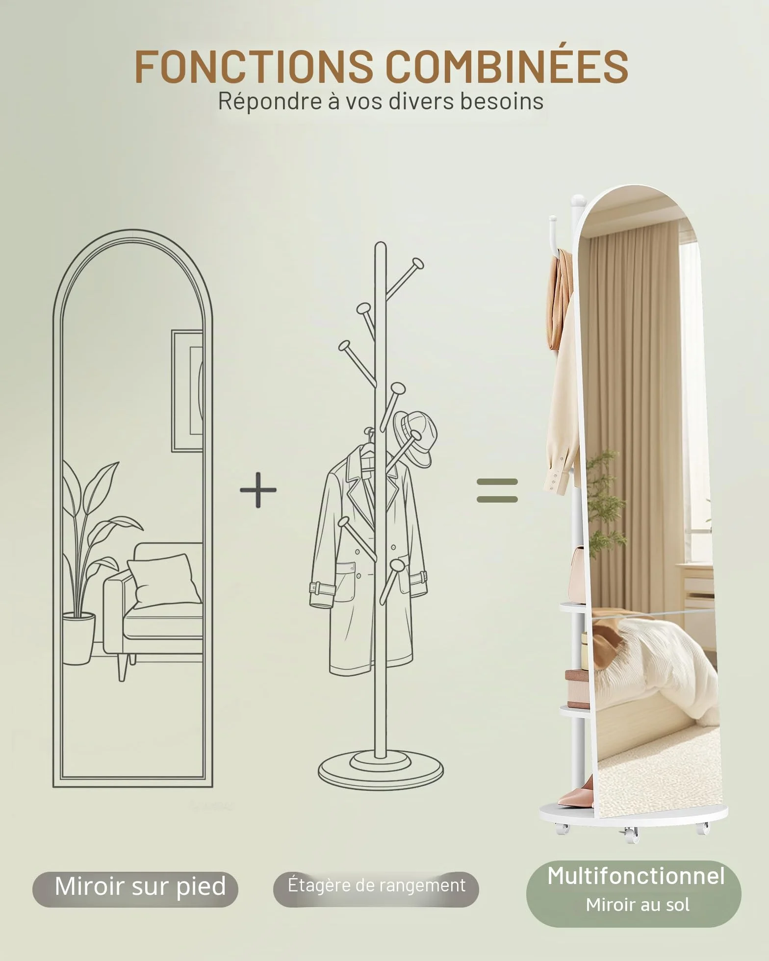 Miroir sur Pied 163 x 45 cm avec Roues Pivotantes et Porte-Manteau, Verre Trempé Blanc