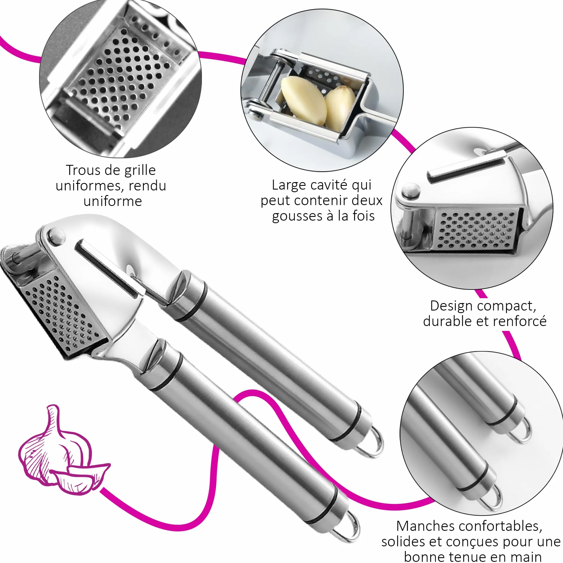Presse Ail Inox 304 CULINARISE Professionnel Grande Cavité 1-2 Gousses Manuel